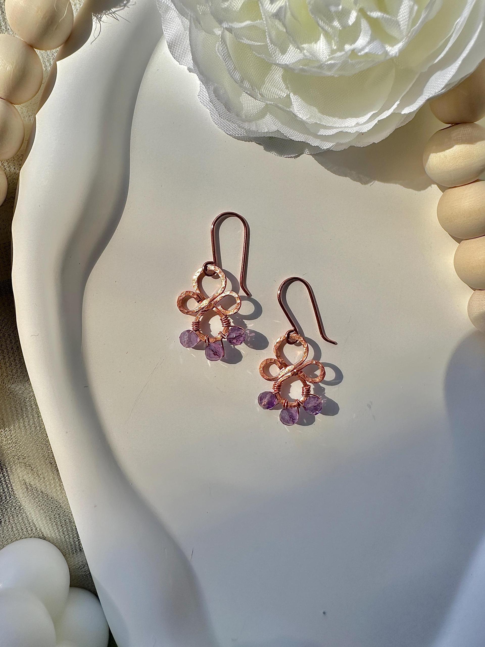 Handmade Natural Amethyst Hammered Copper Earrings