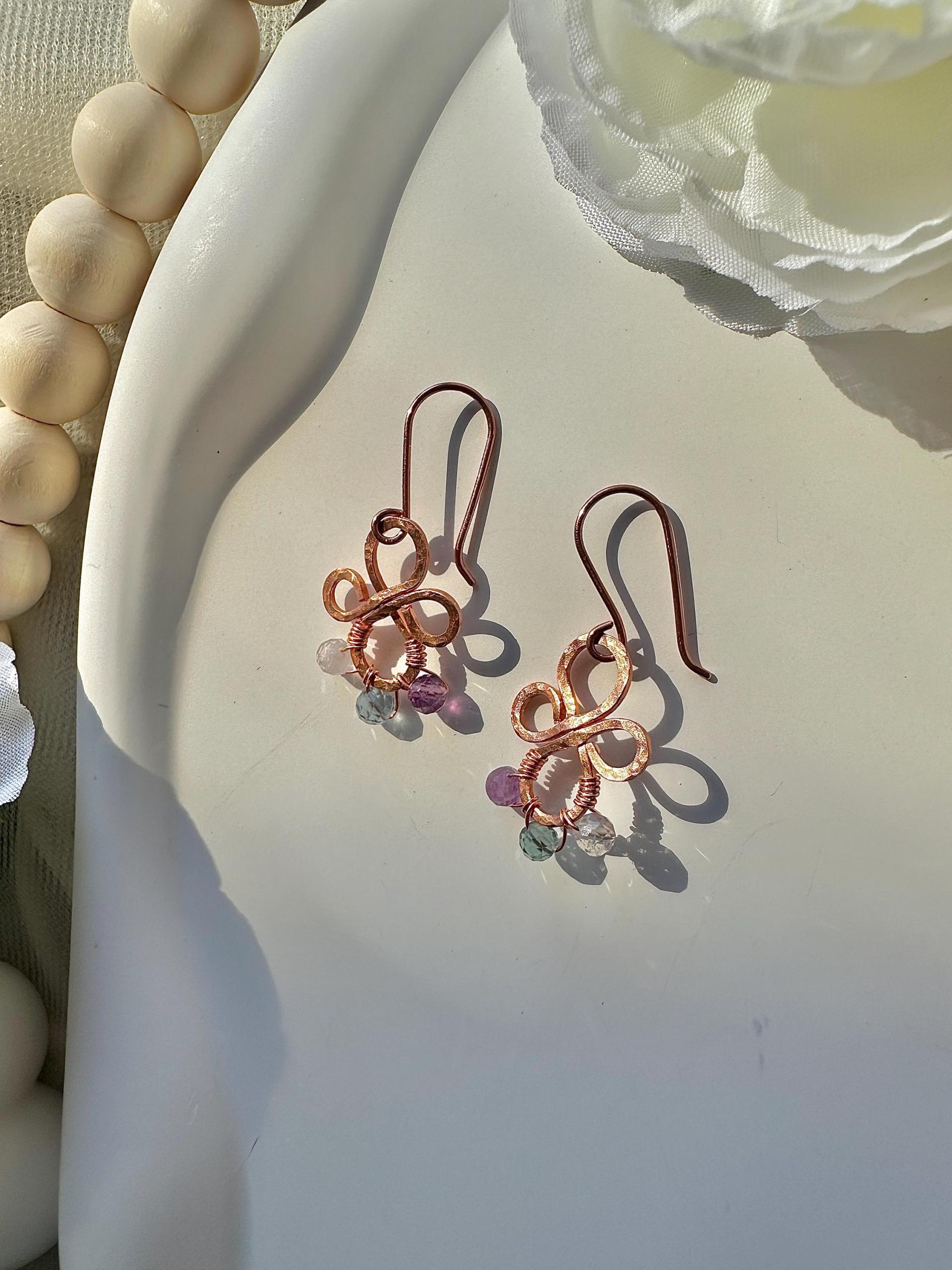 Handmade Natural Fluorite Hammered Copper Earrings