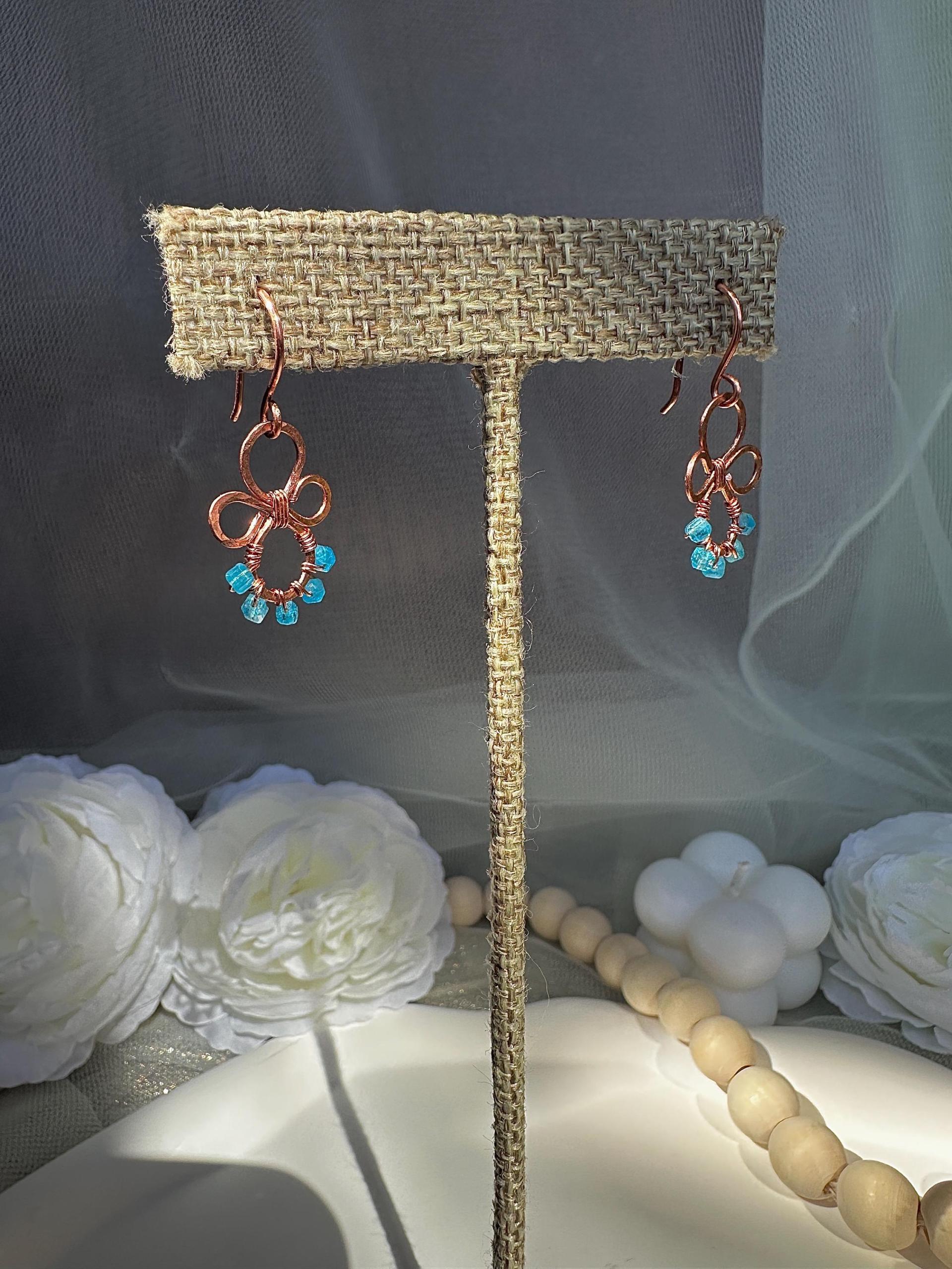 Handmade Natural Apatite Hammered Copper Earrings