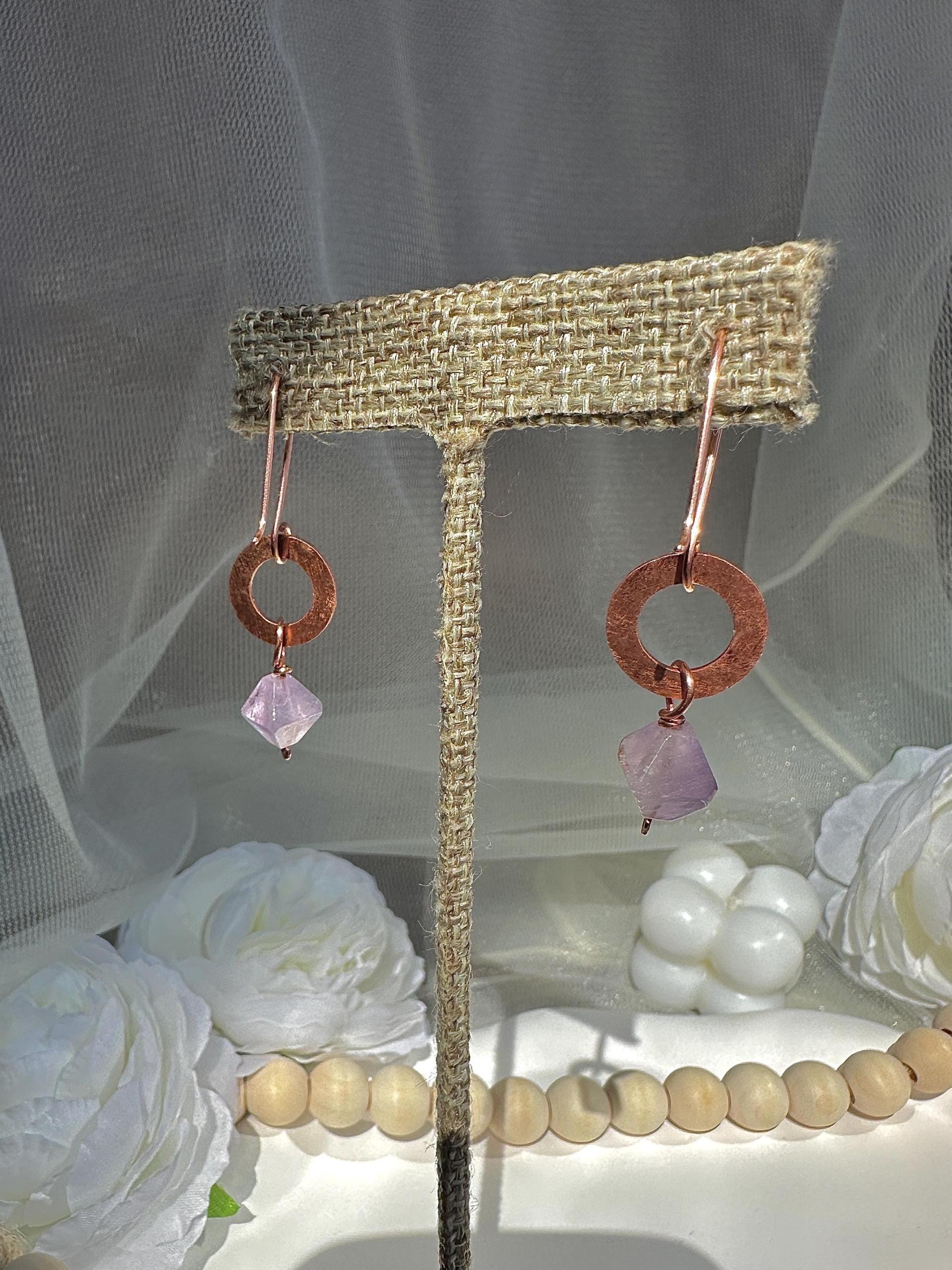 Handmade Natural Amethyst Hammered Copper Link Earrings