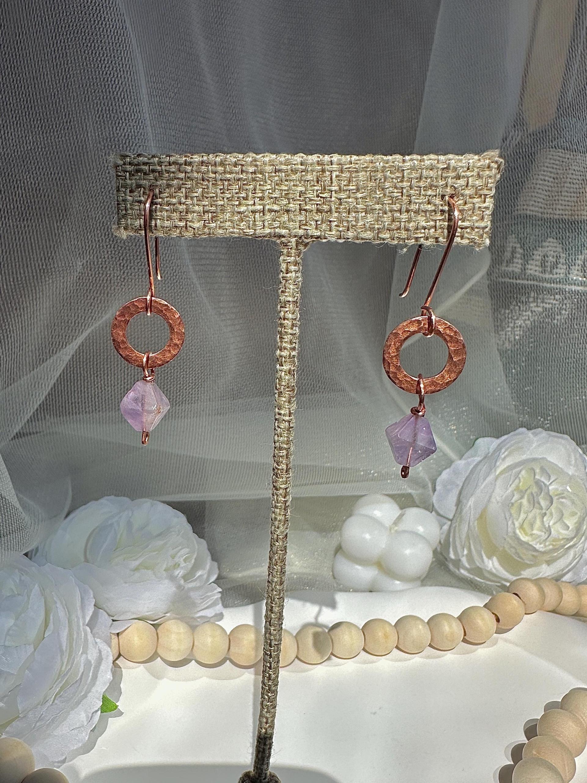 Handmade Natural Amethyst Hammered Copper Link Earrings