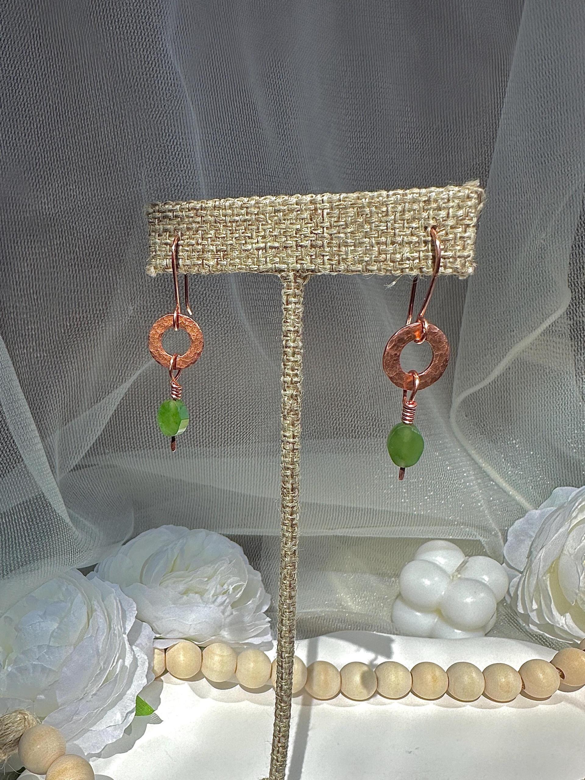 Handmade Natural Jade Hammered Copper Earrings