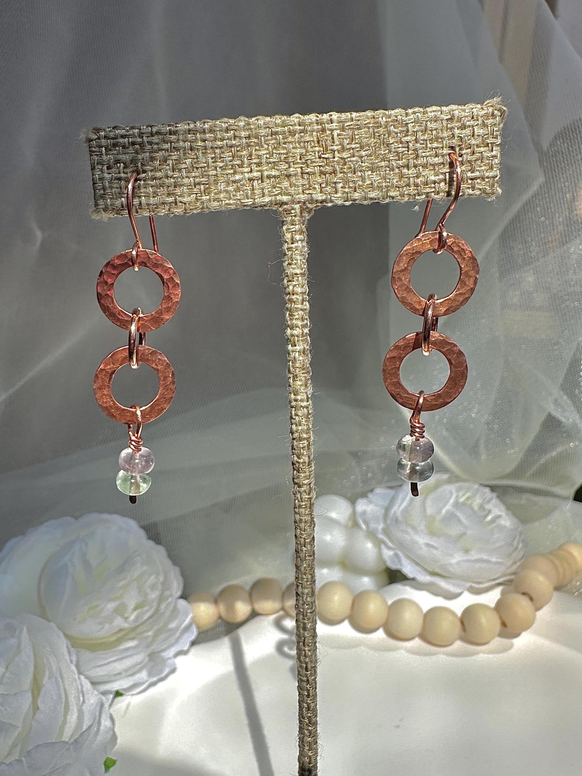 Handmade Natural Fluorite Hammered Copper Earrings