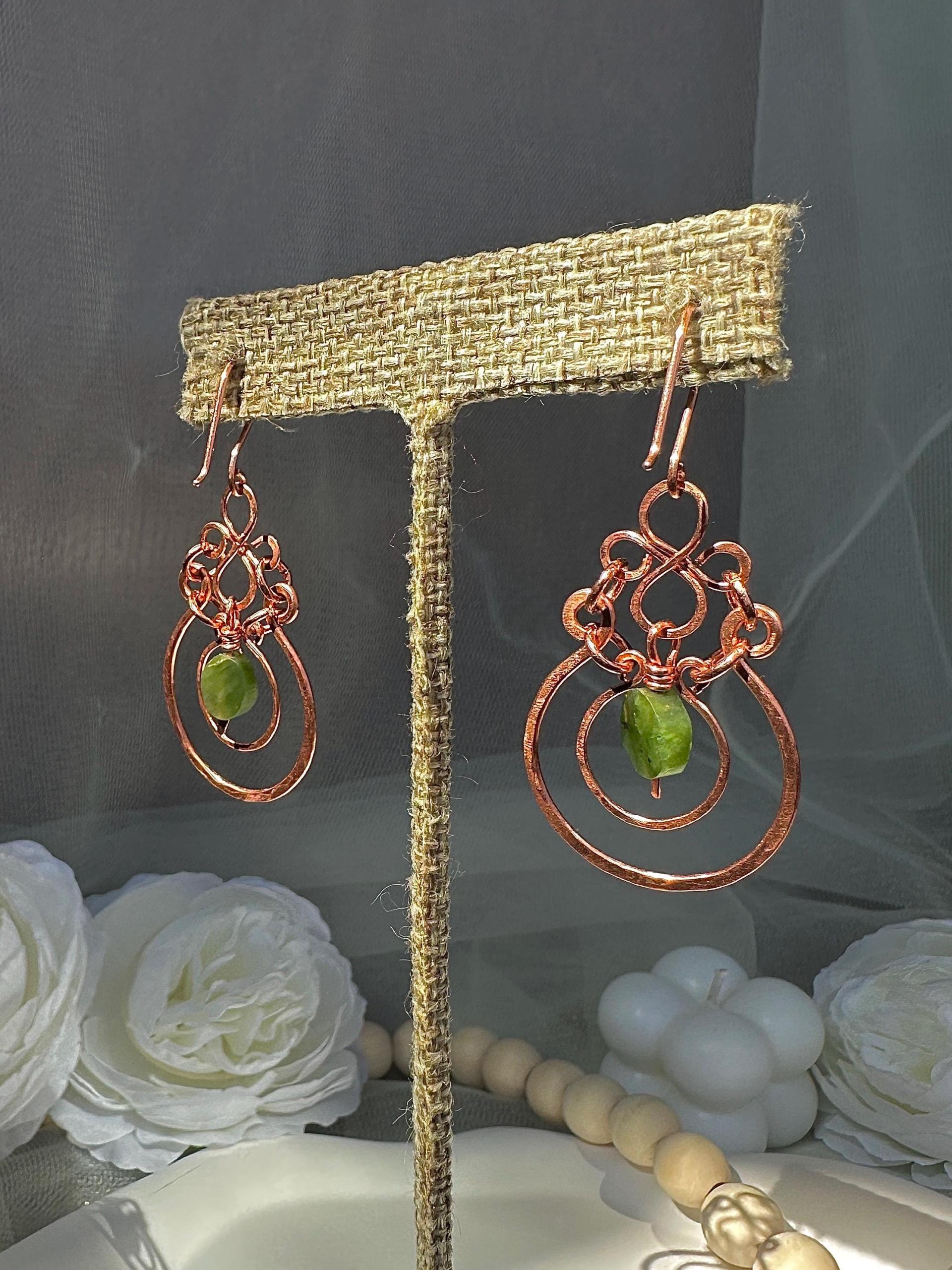 Handmade Natural Jade Hammered Copper Dangle Earrings