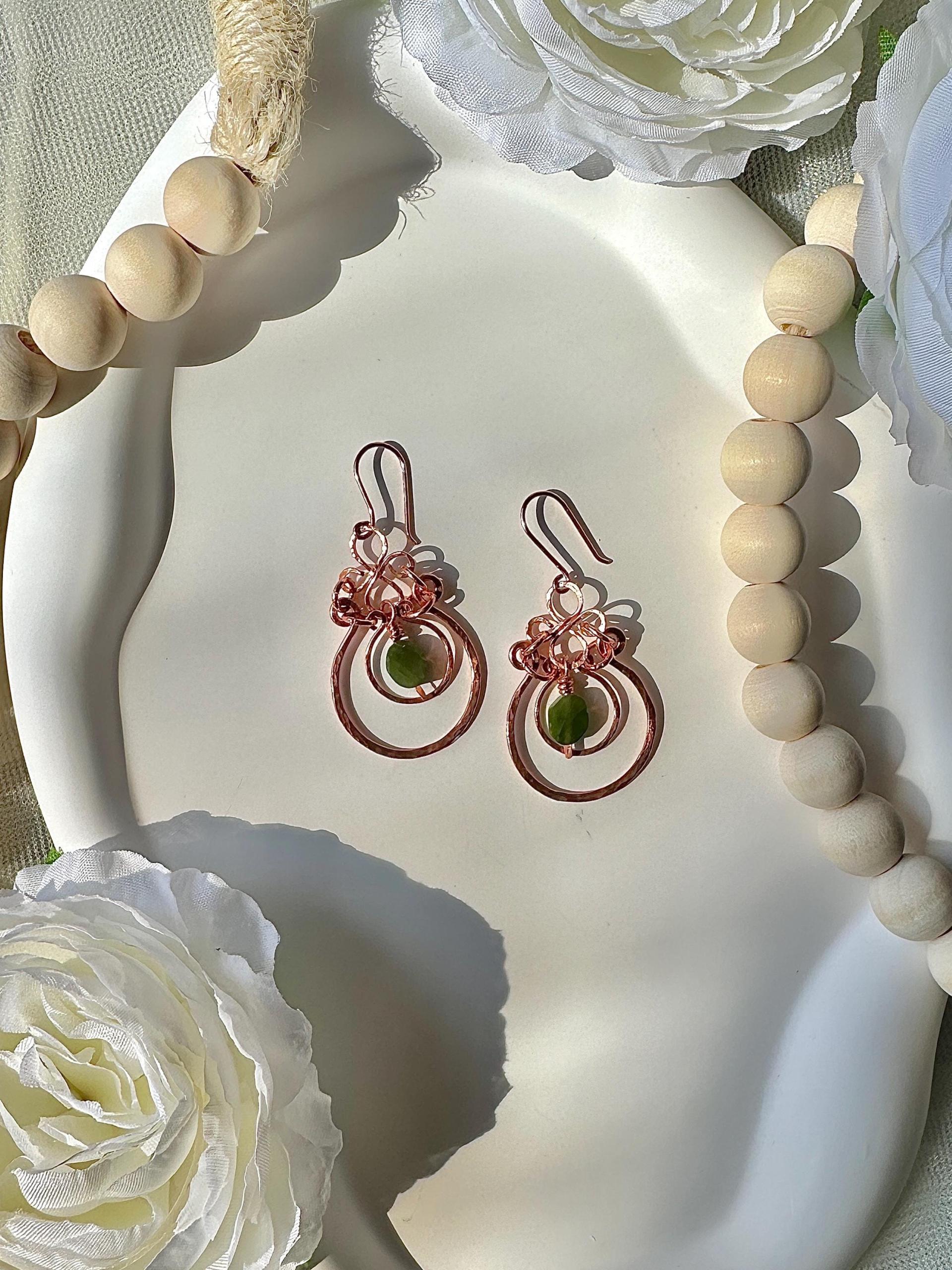 Handmade Natural Jade Hammered Copper Dangle Earrings