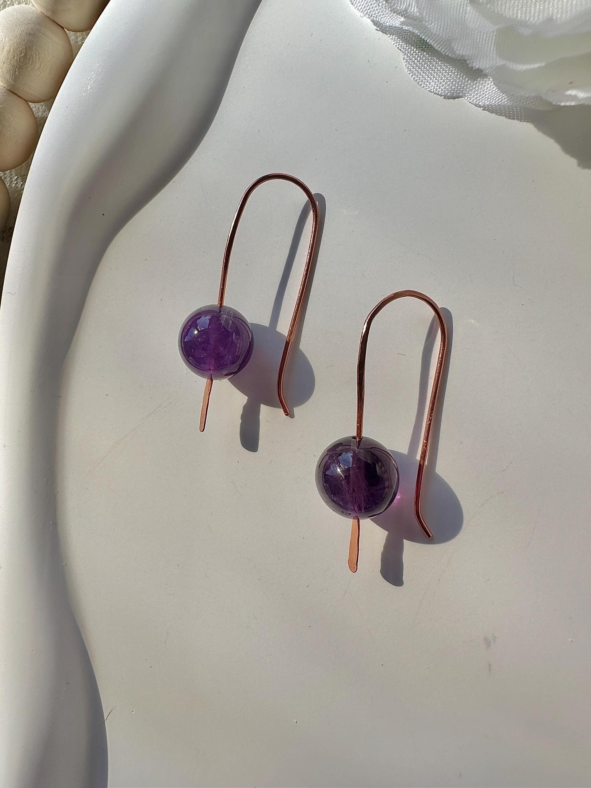 Handmade Minimalist Natural Amethyst Hammered Copper Earrings