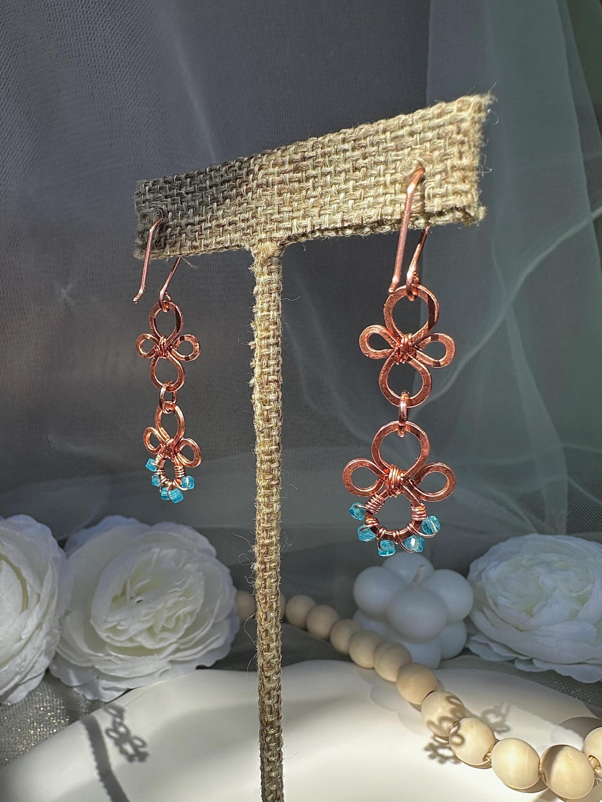 Handmade Natural Apatite Hammered Copper Dangle Earrings