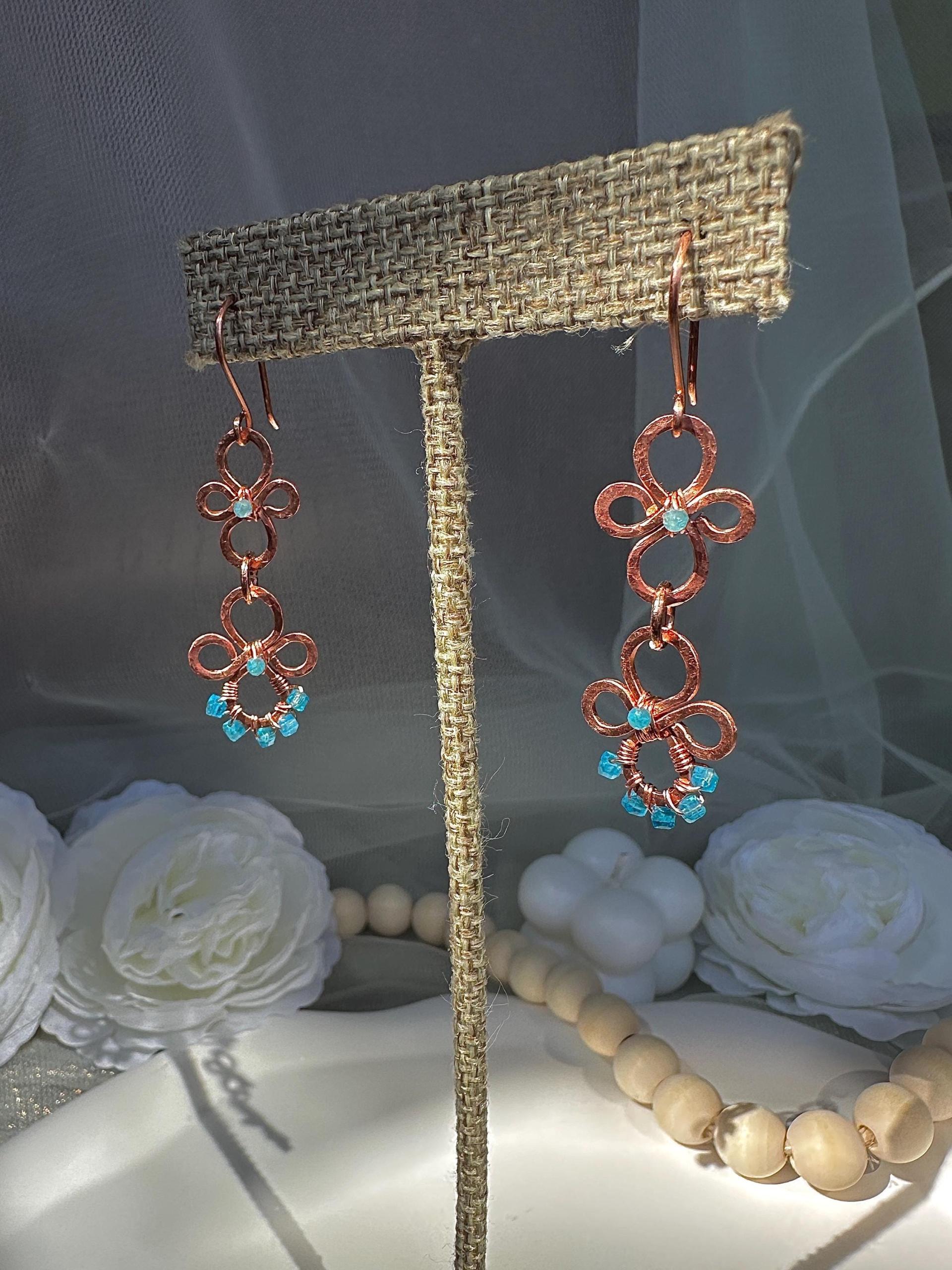 Handmade Natural Apatite Hammered Copper Dangle Earrings