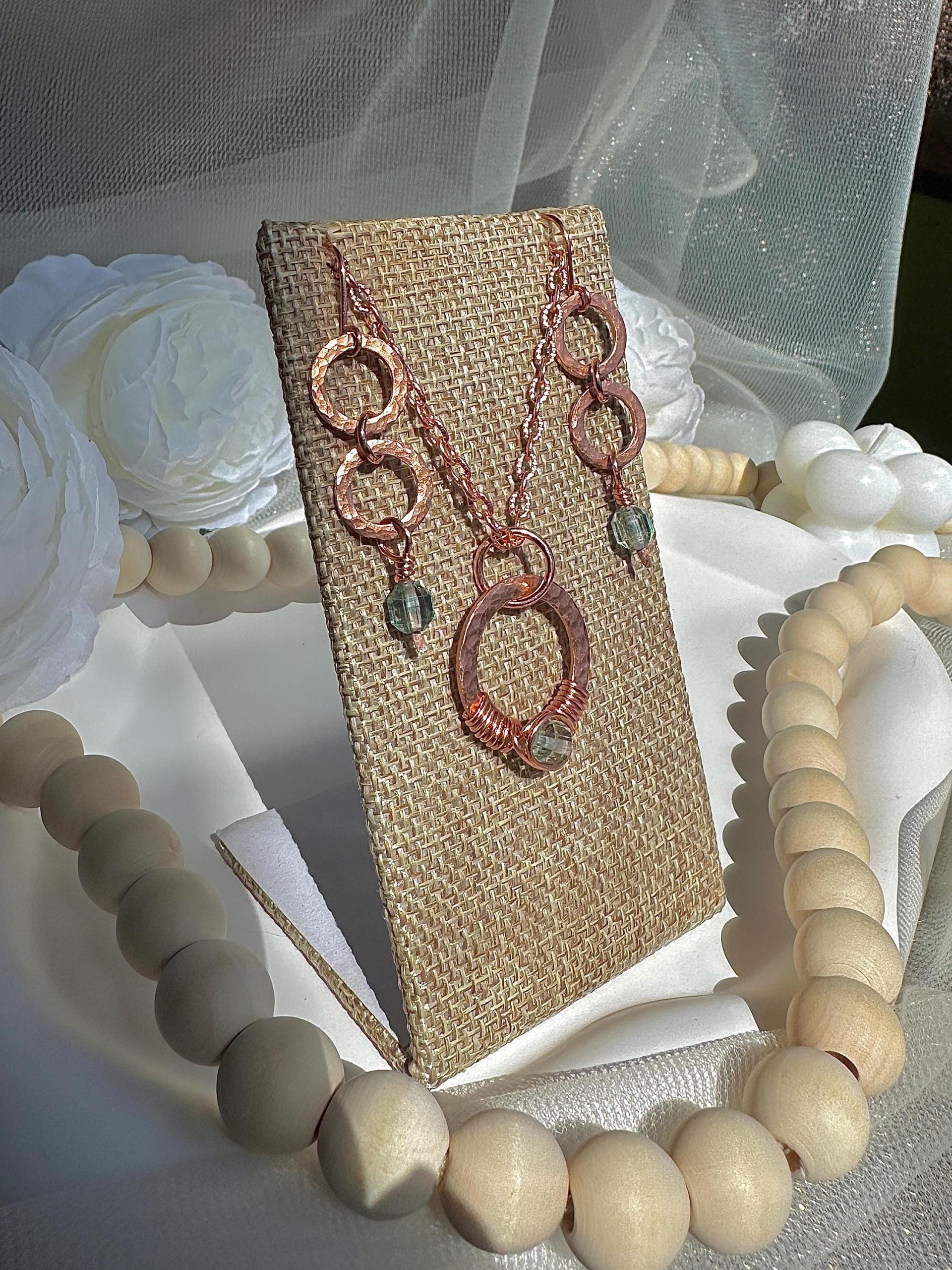 Handmade Fluorite Hammered Copper Link Necklace and Earrings Set