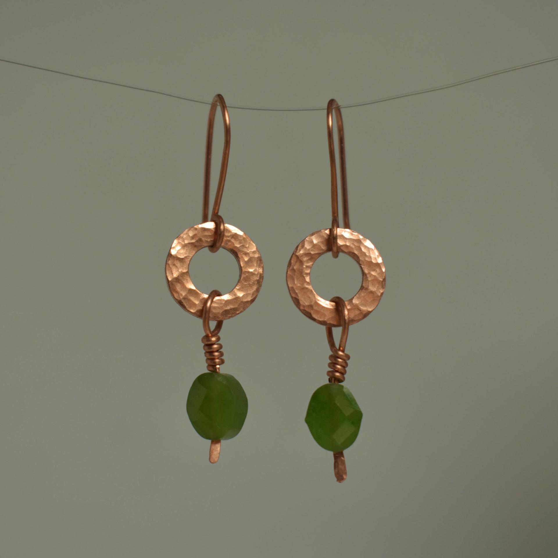 Natural Jade Hammered Copper Ring Earrings
