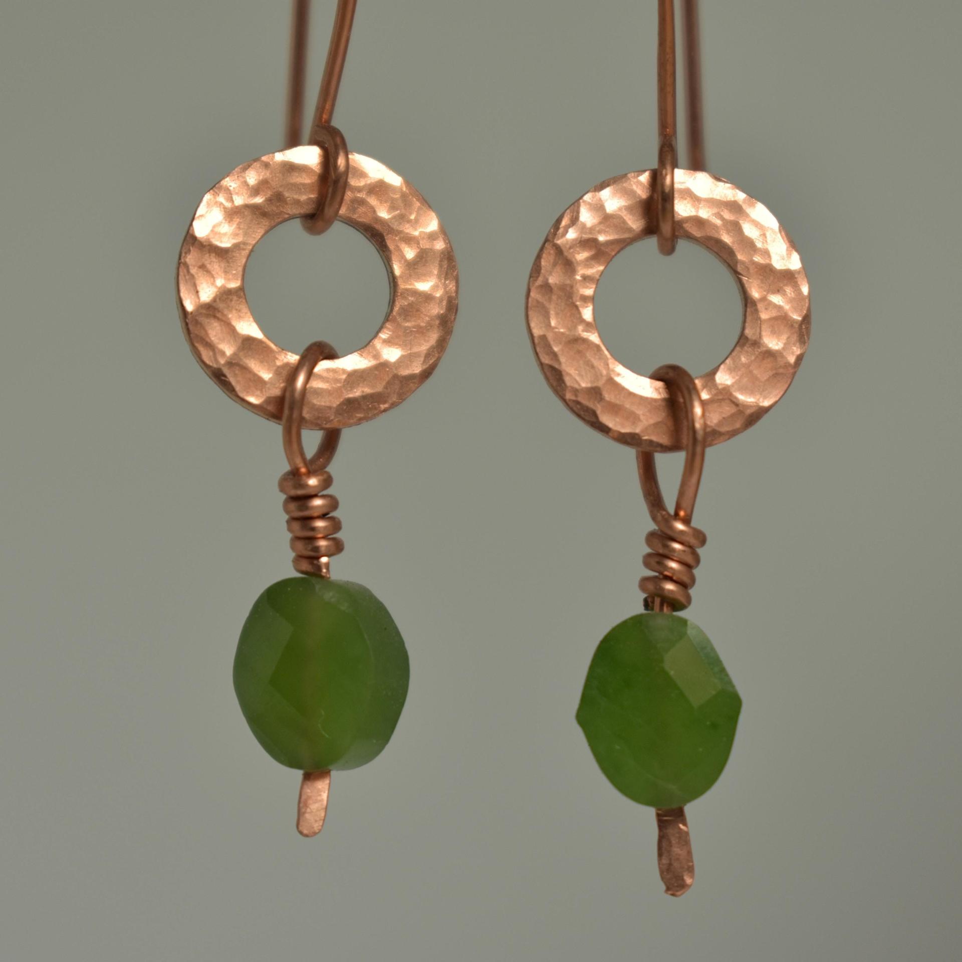 Natural Jade Hammered Copper Ring Earrings