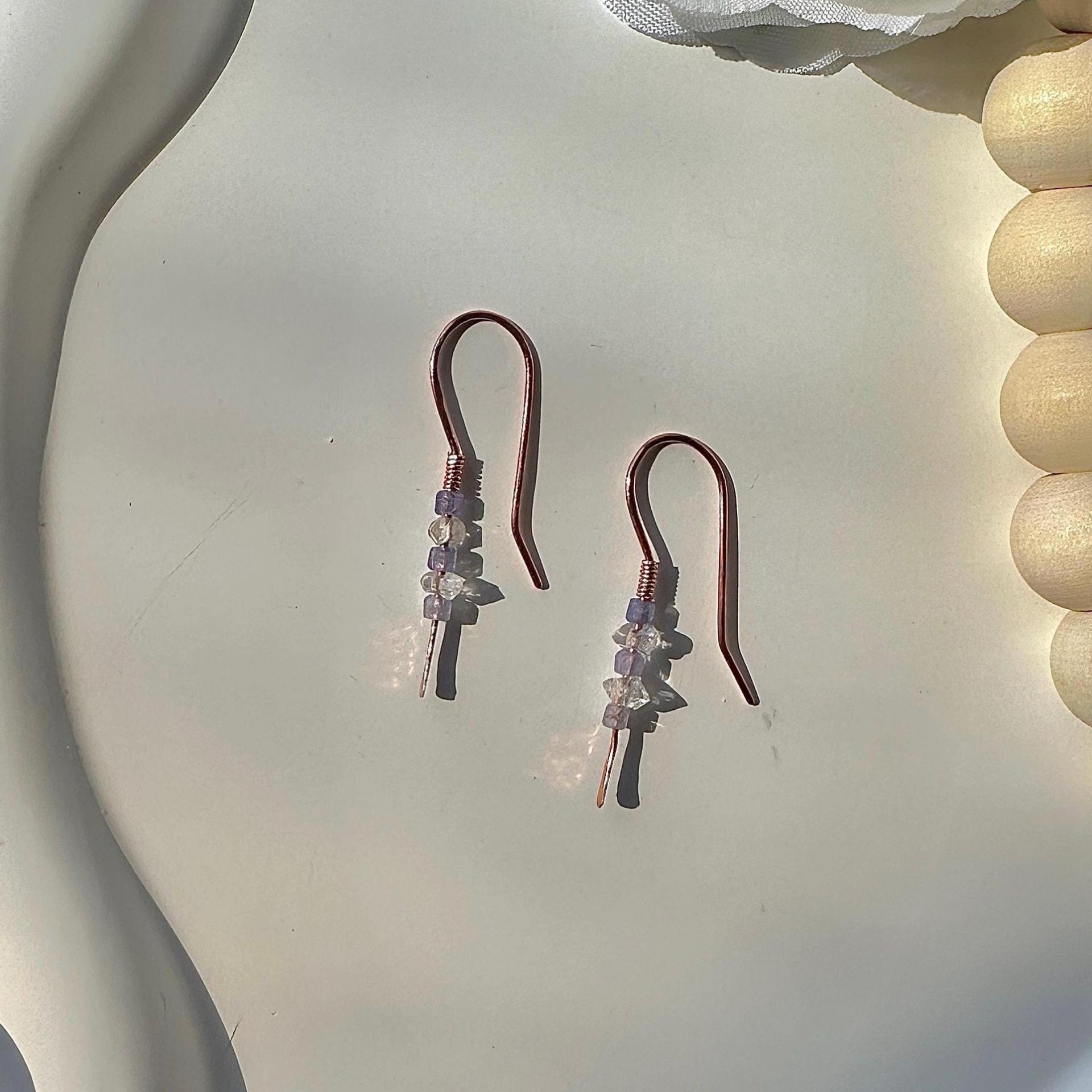 Minimalist Natural Herkimer Diamond and Tanzanite Hammered Copper Earrings