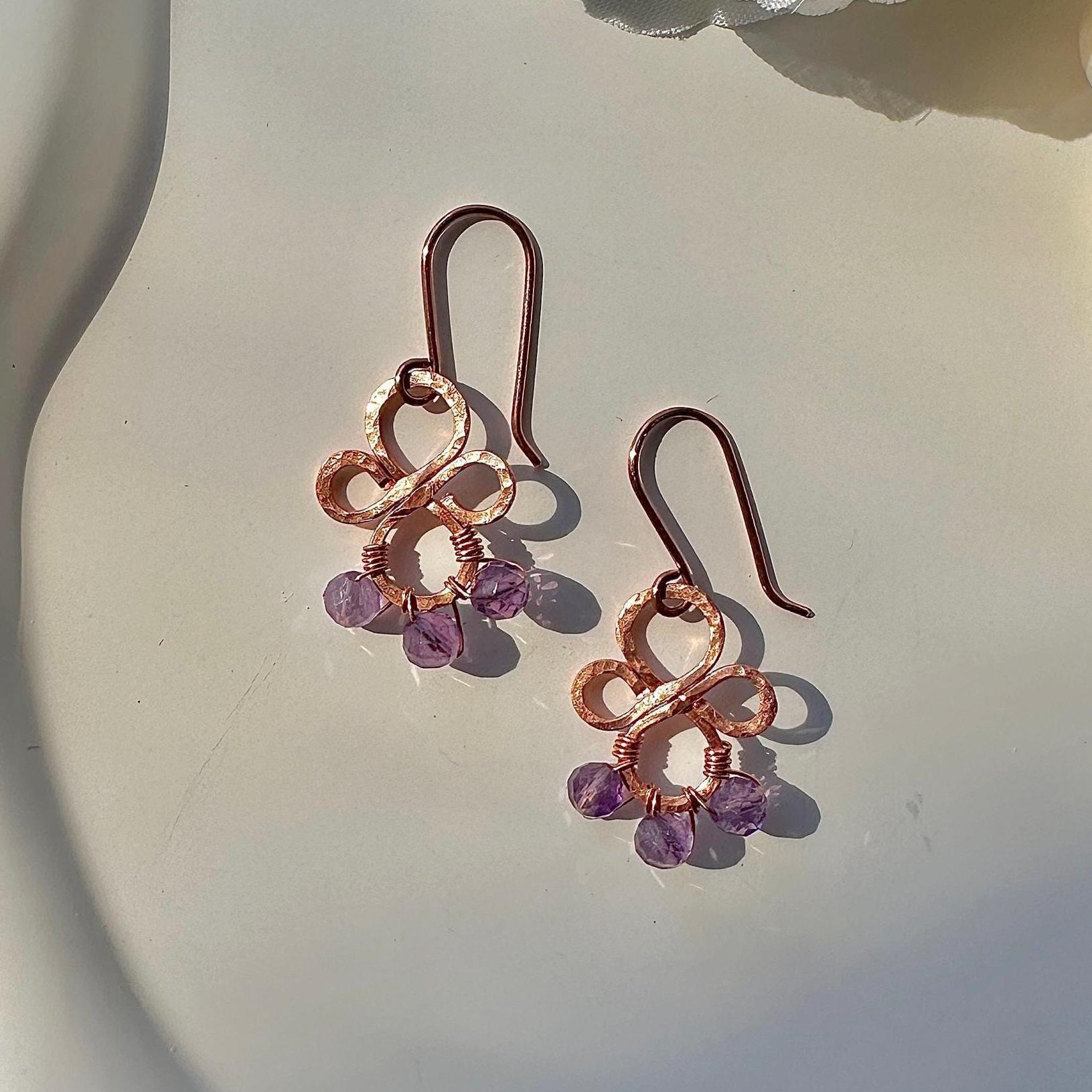Natural, Faceted Amethyst Sphere Hammered Copper Earrings