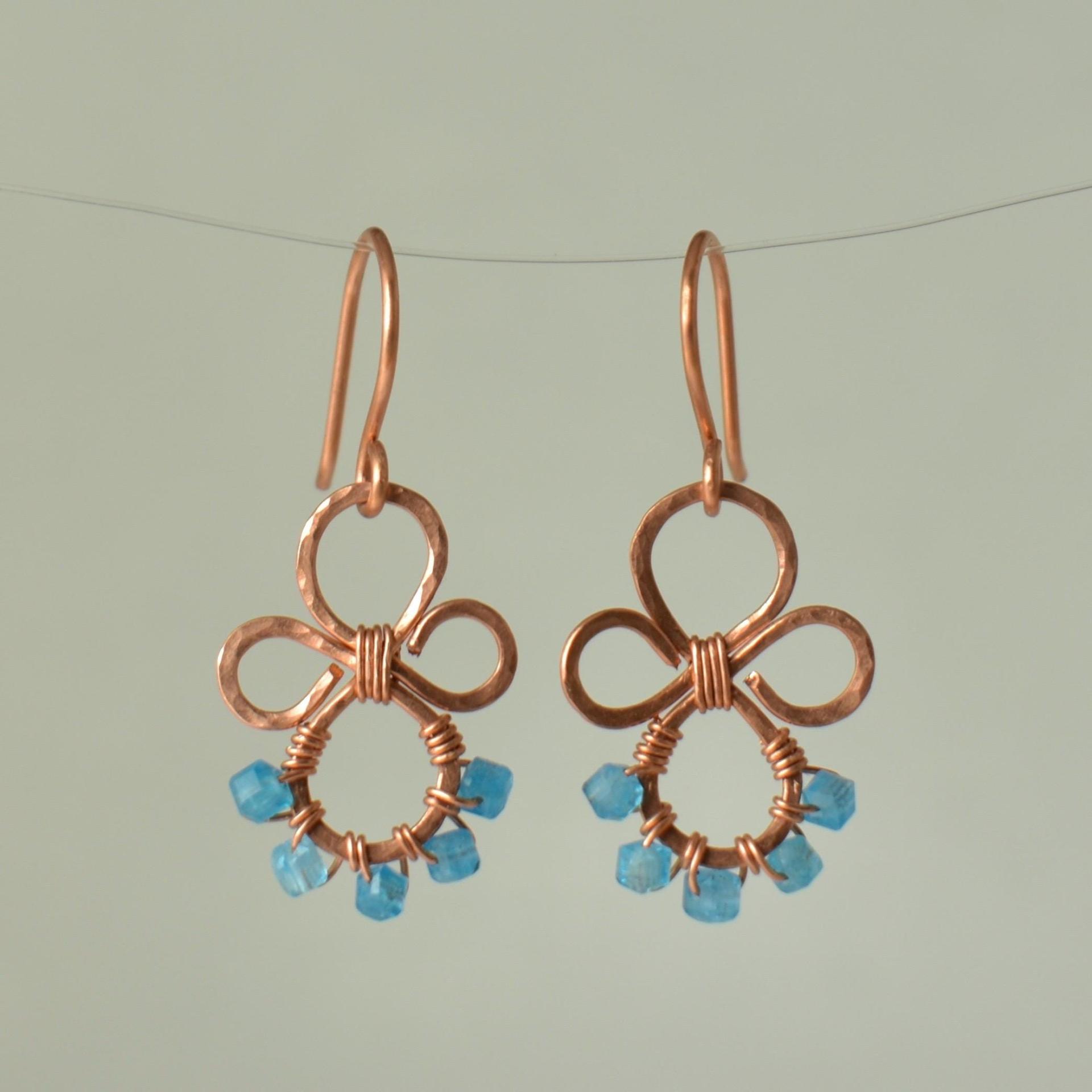 Natural Apatite Cube Hammered Copper Earrings