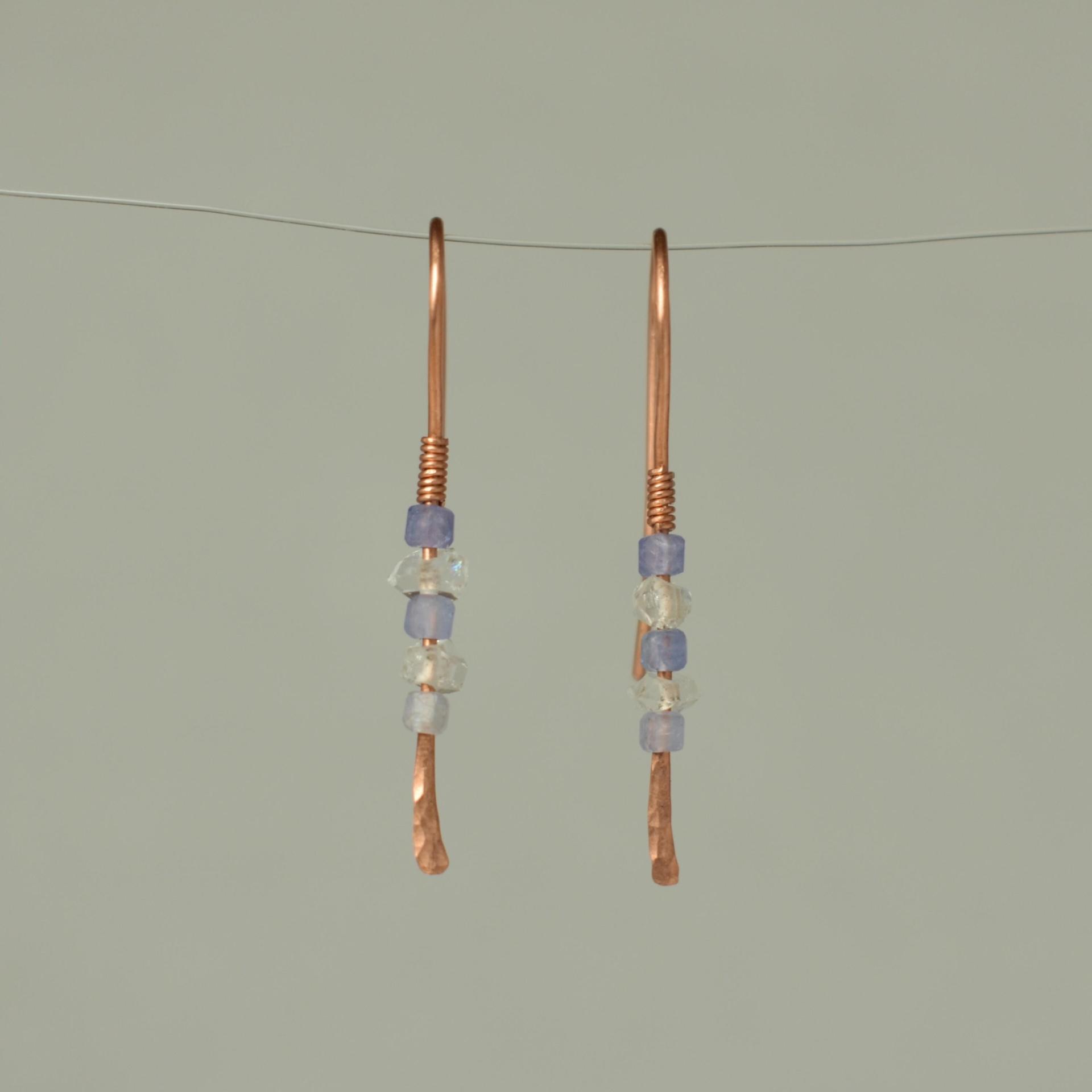 Minimalist Natural Herkimer Diamond and Tanzanite Hammered Copper Earrings