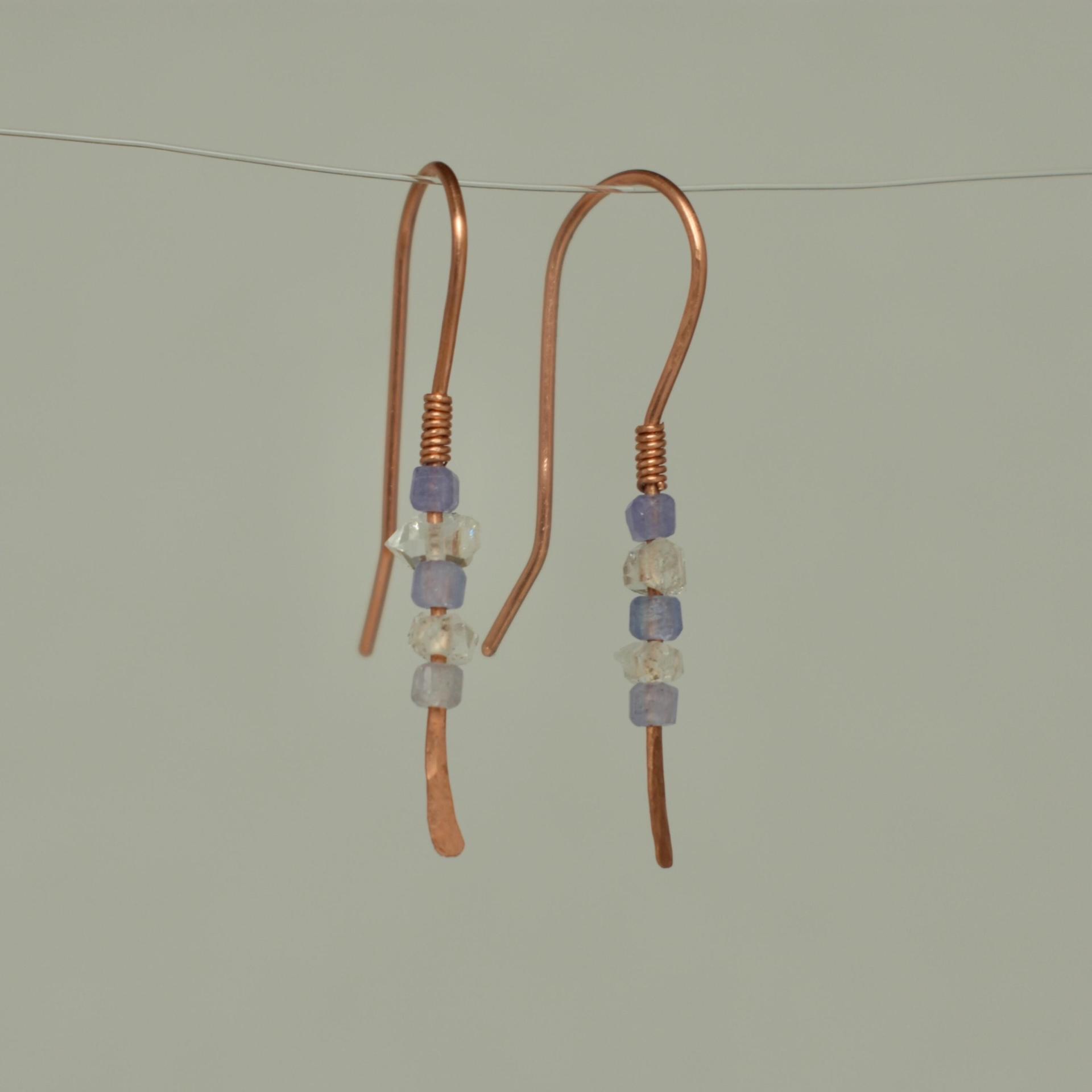 Minimalist Natural Herkimer Diamond and Tanzanite Hammered Copper Earrings