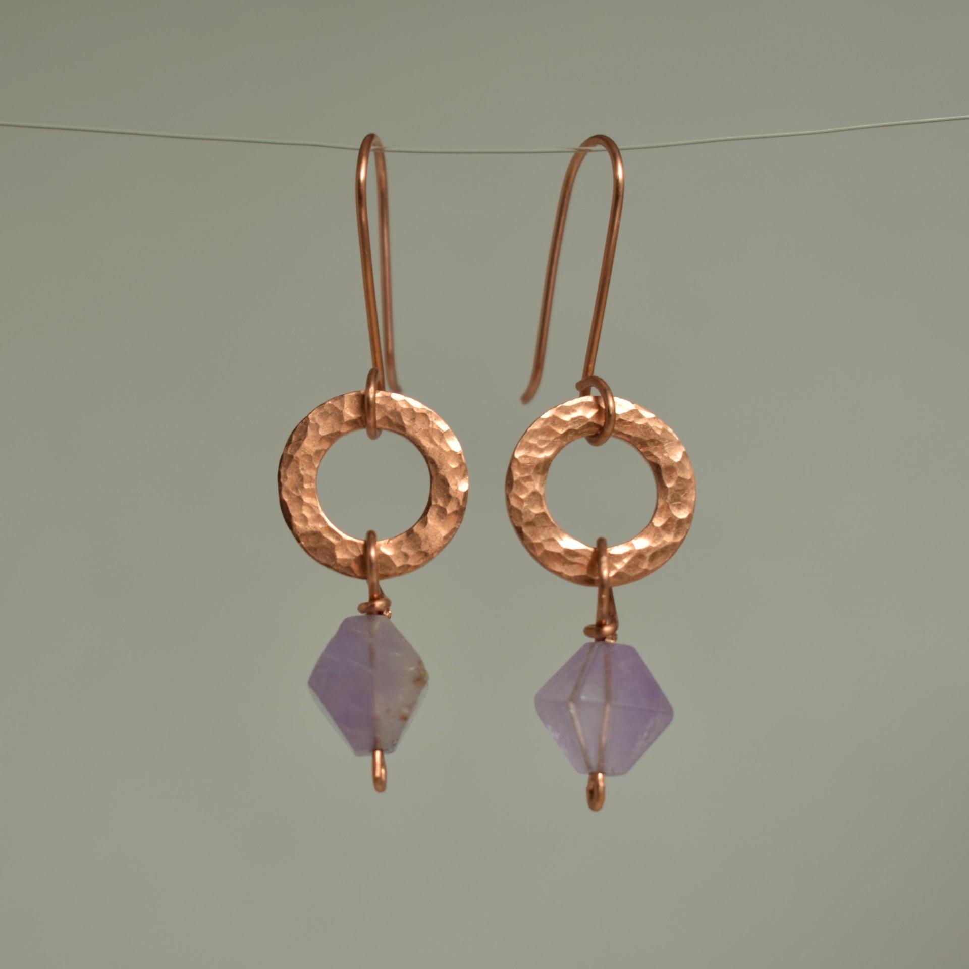 Natural Amethyst Hammered Copper Ring Earrings