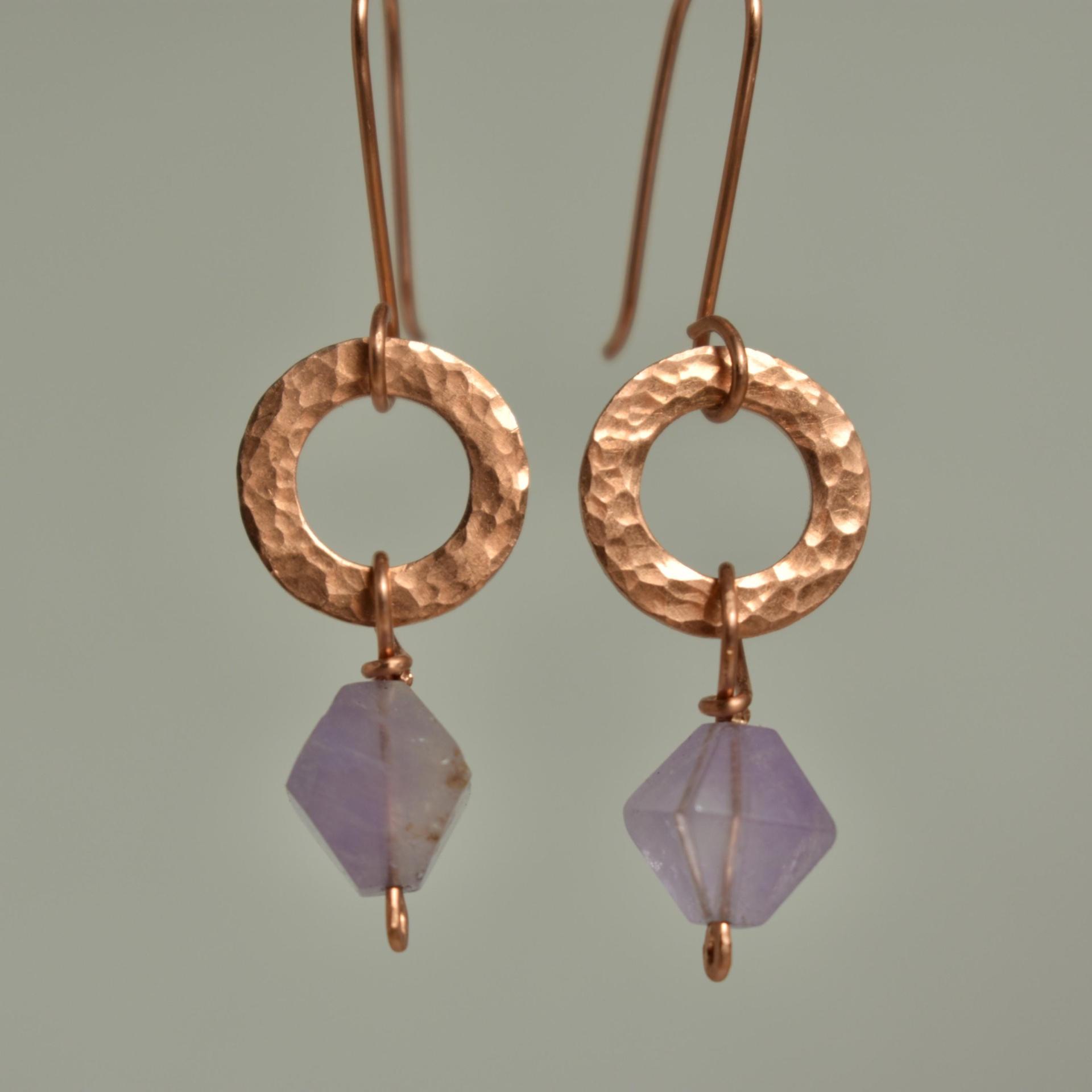 Natural Amethyst Hammered Copper Ring Earrings