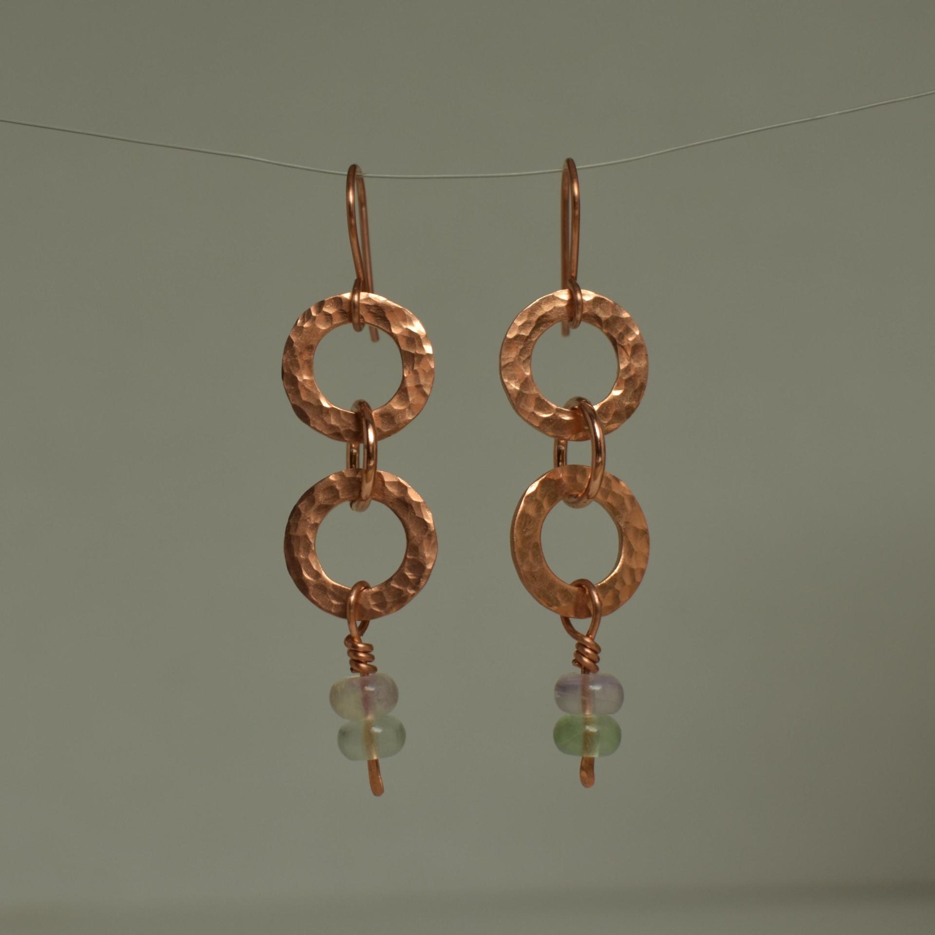Natural Fluorite Hammered Copper Rings Earrings