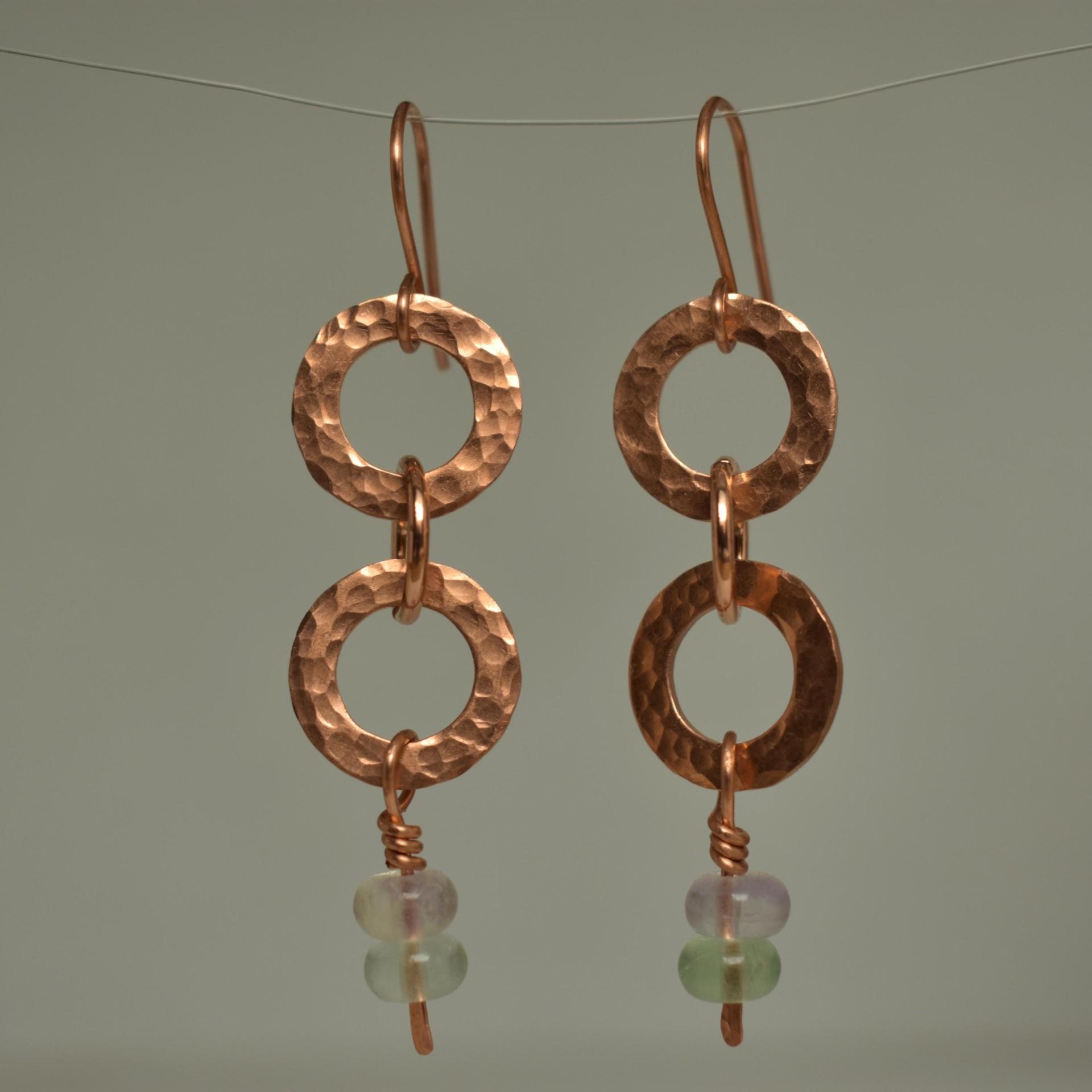 Natural Fluorite Hammered Copper Rings Earrings