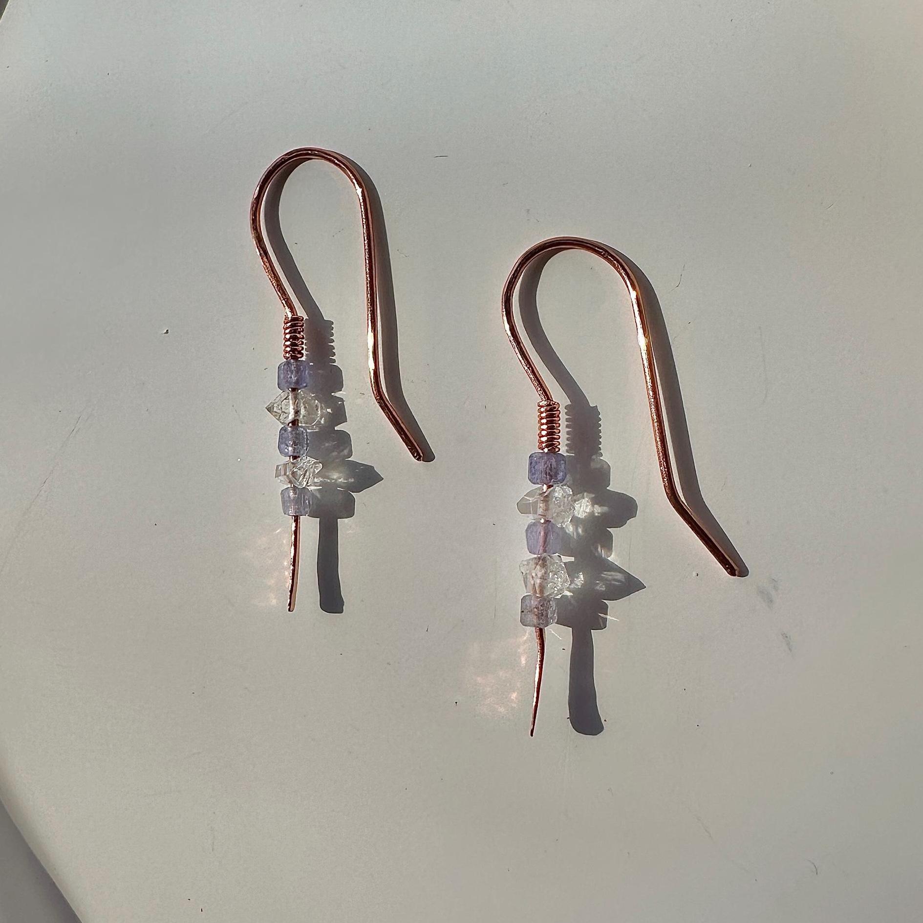 Minimalist Natural Herkimer Diamond and Tanzanite Hammered Copper Earrings