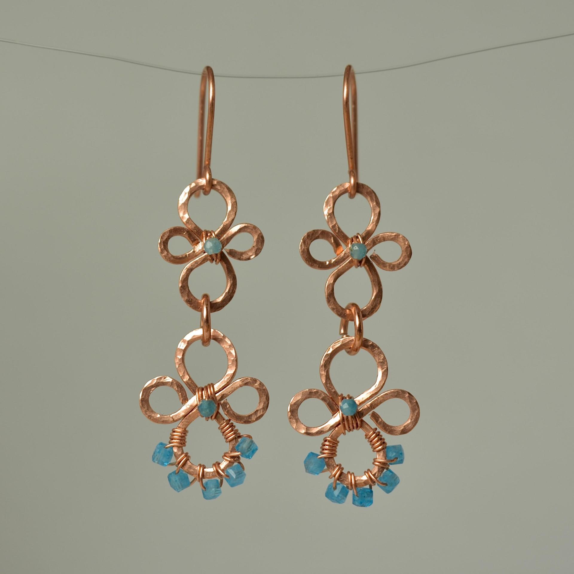 Natural Apatite Hammered Copper Flower Dangle Earrings