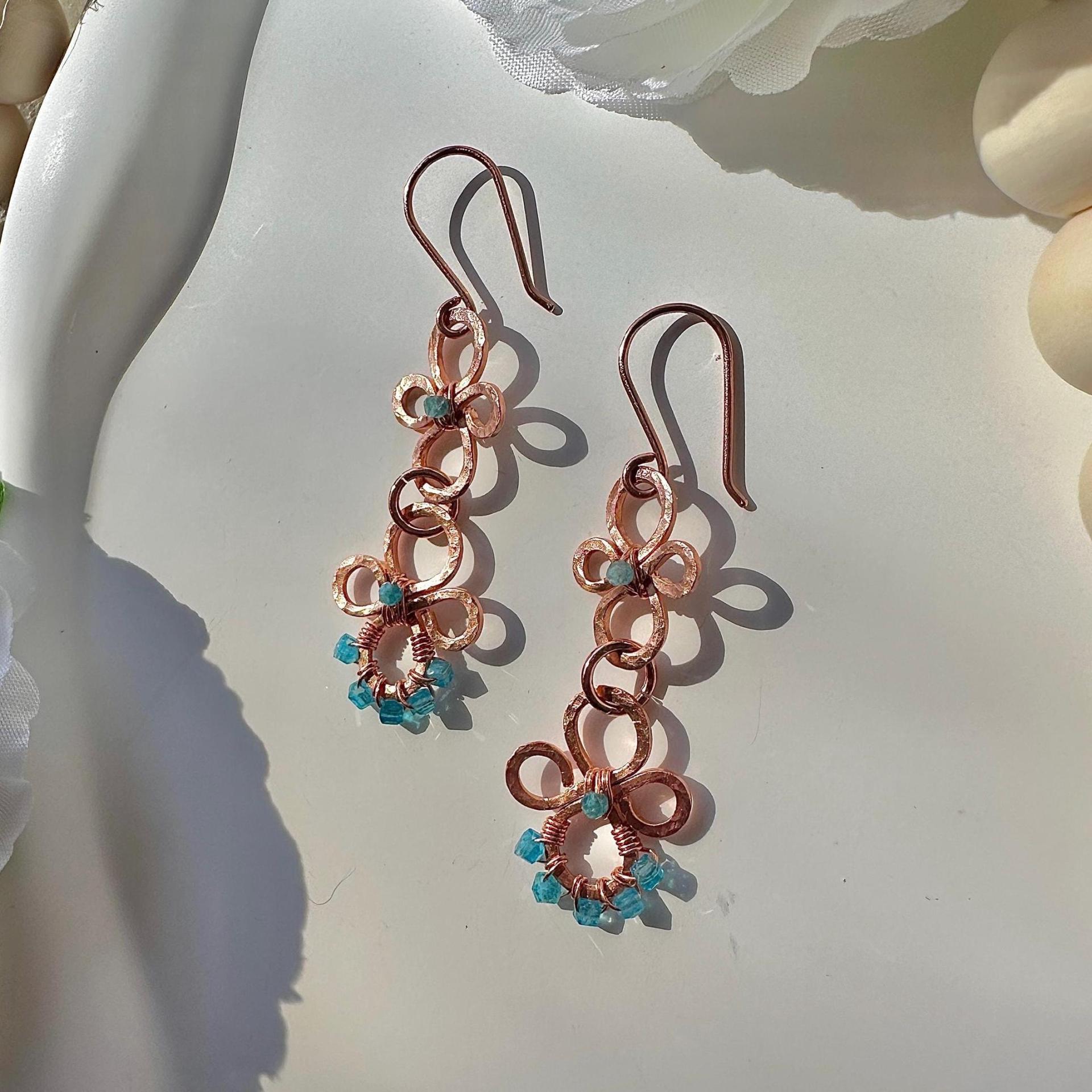 Natural Apatite Hammered Copper Flower Dangle Earrings