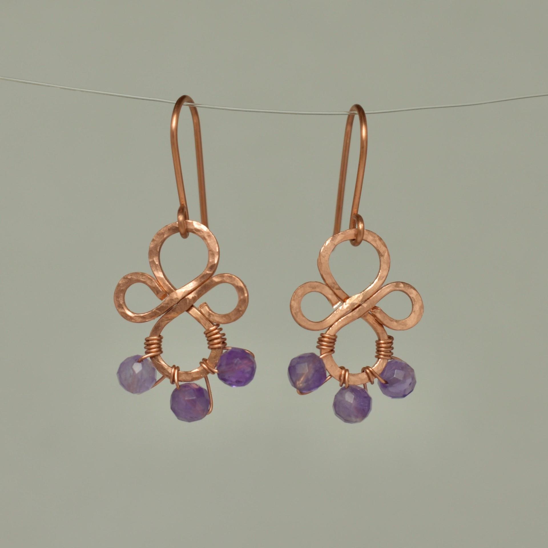 Natural, Faceted Amethyst Sphere Hammered Copper Earrings