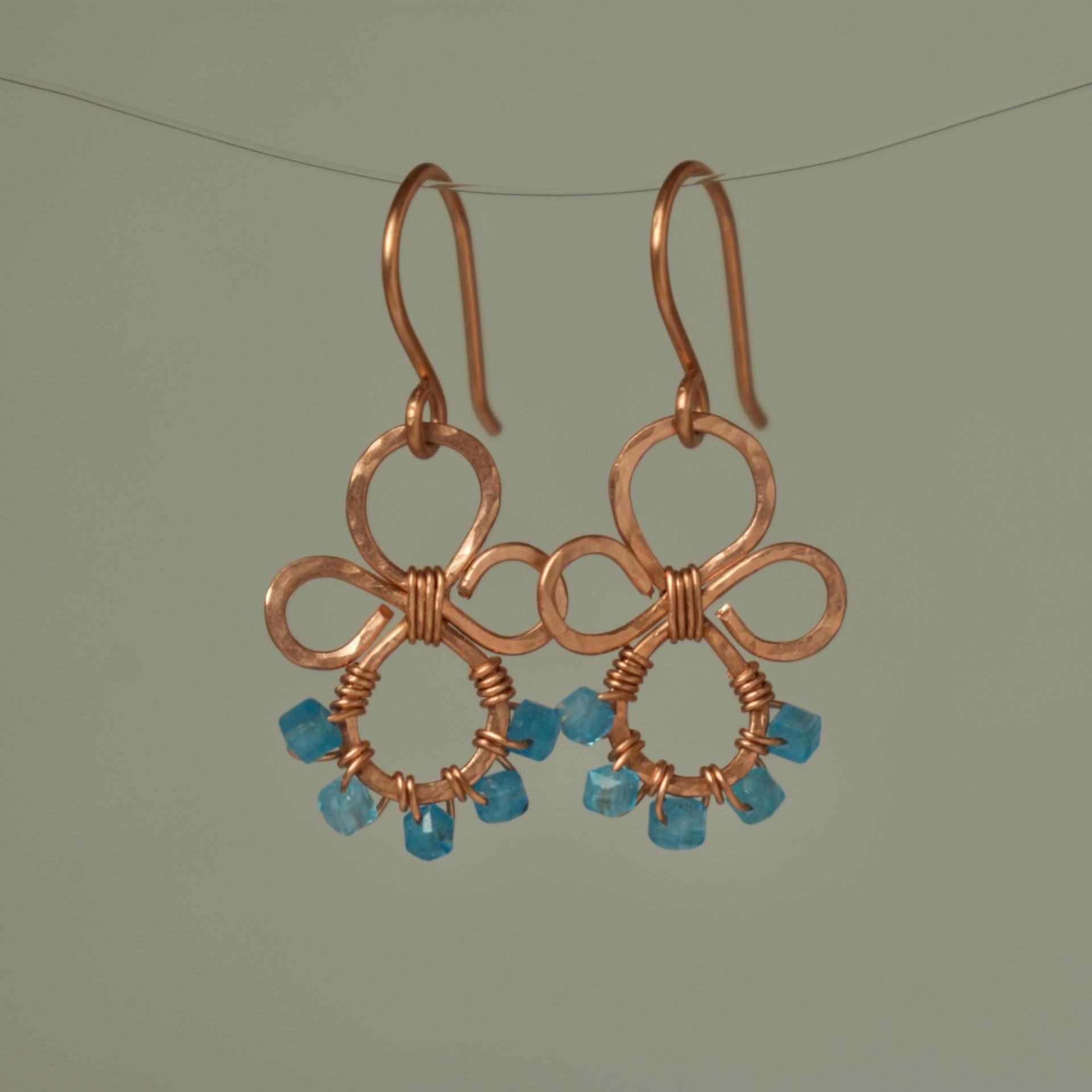 Natural Apatite Cube Hammered Copper Earrings
