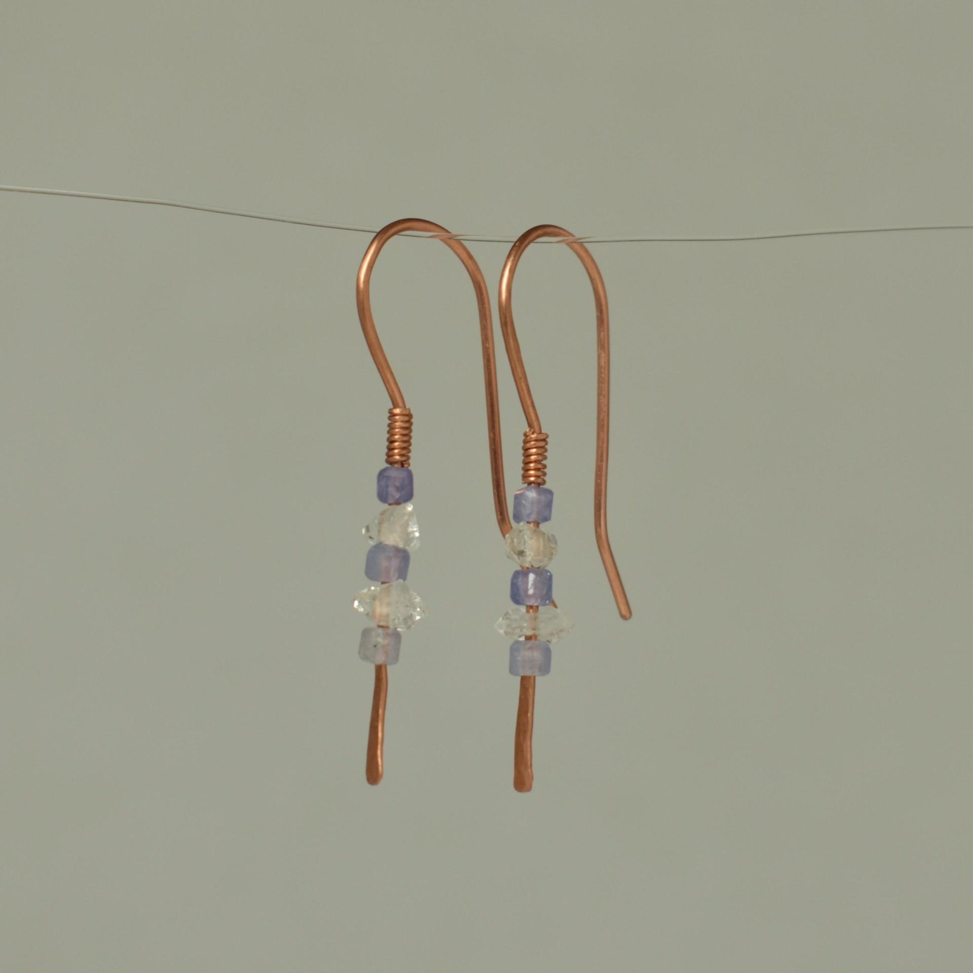 Minimalist Natural Herkimer Diamond and Tanzanite Hammered Copper Earrings