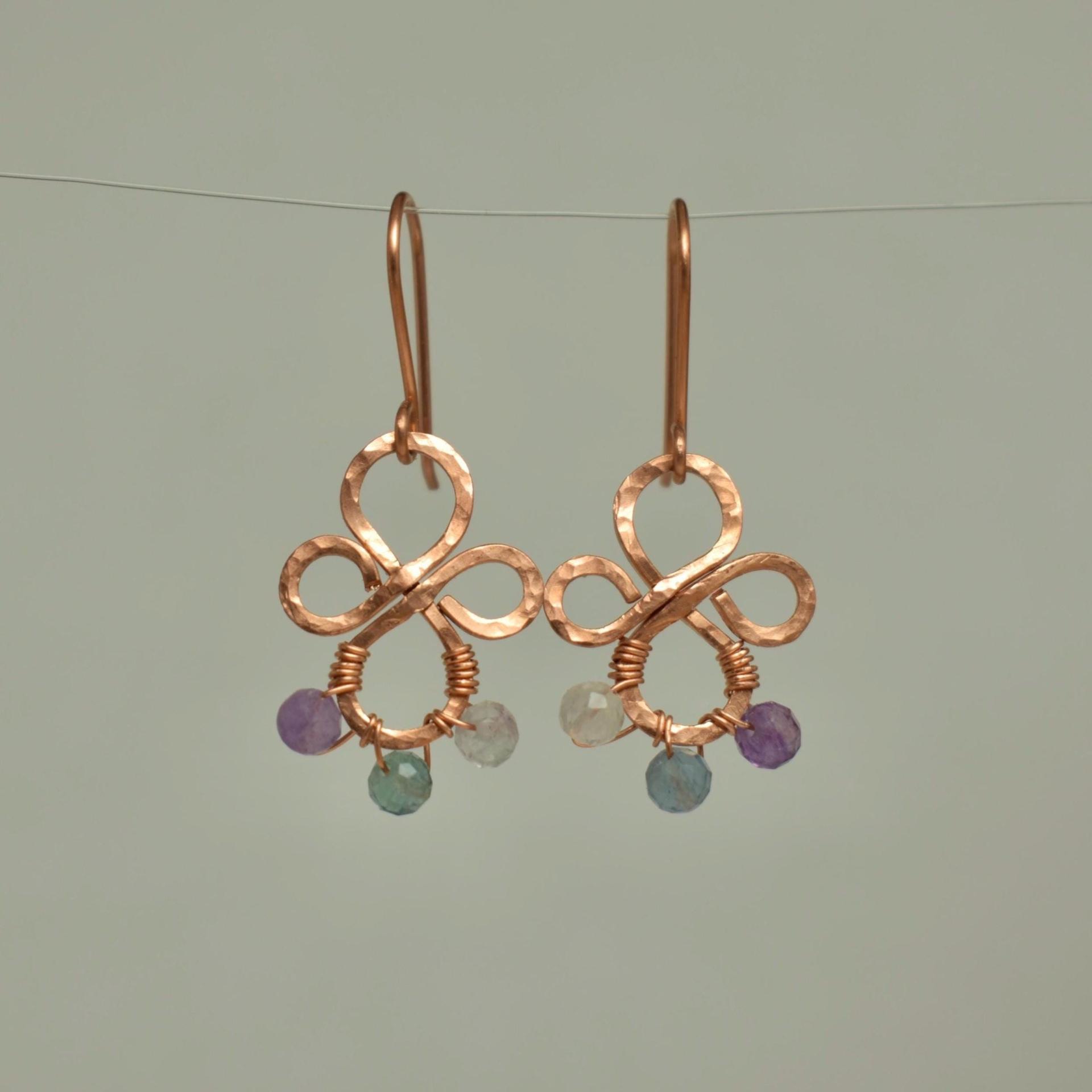 Natural, Faceted Fluorite Sphere Hammered Copper Earrings