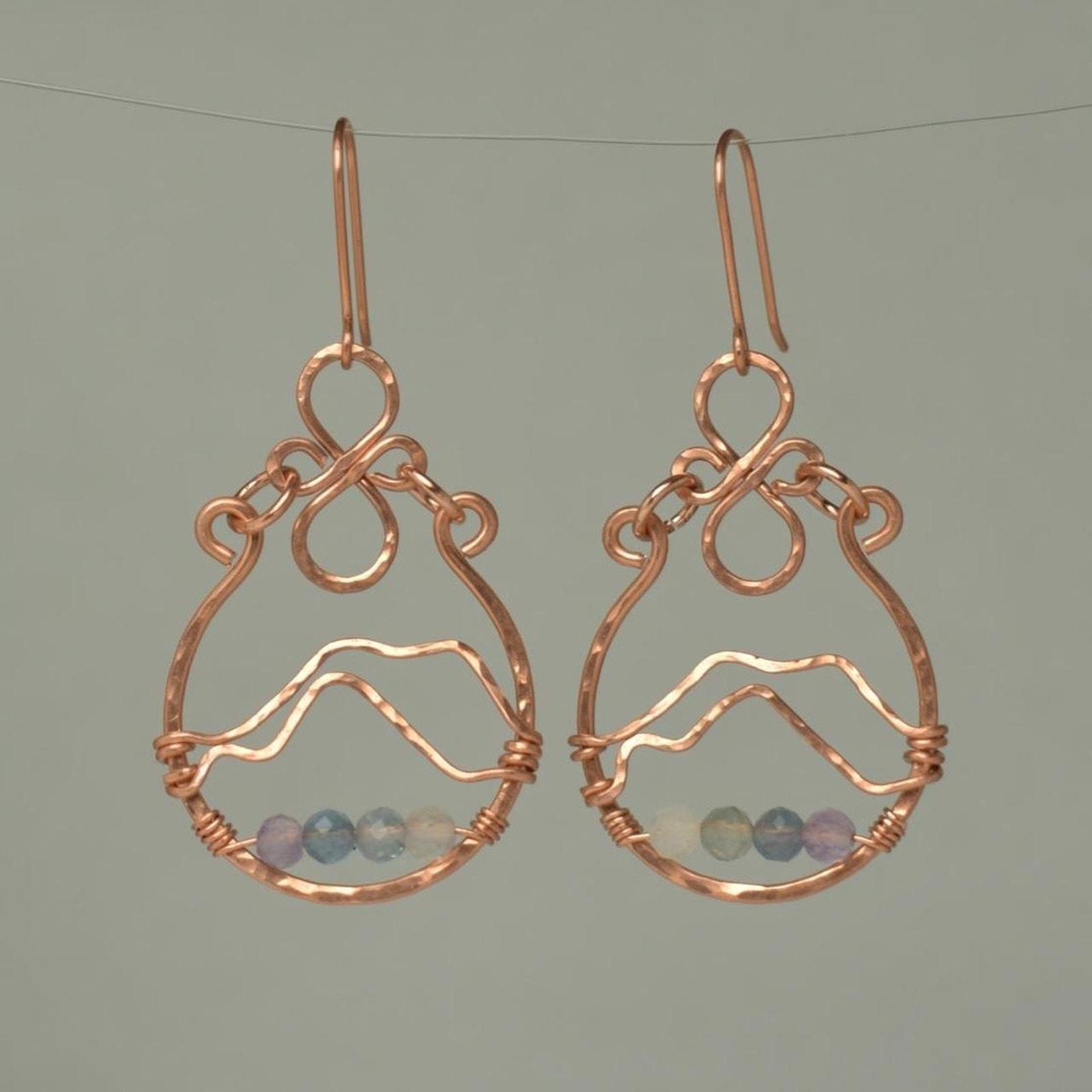 Rainbow Fluorite & Hammered Copper Mountainscape Dangle Hoop Earrings