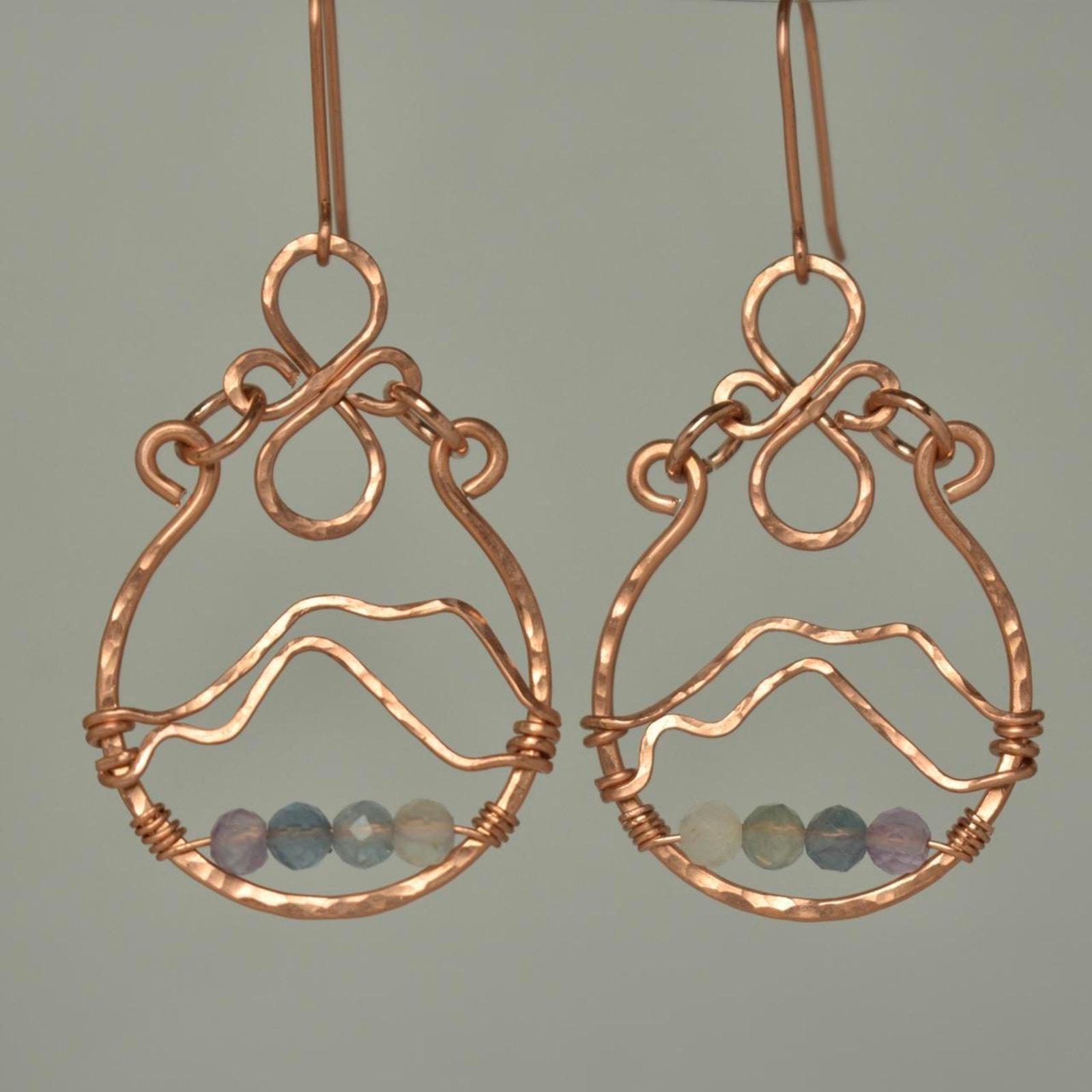 Rainbow Fluorite & Hammered Copper Mountainscape Dangle Hoop Earrings