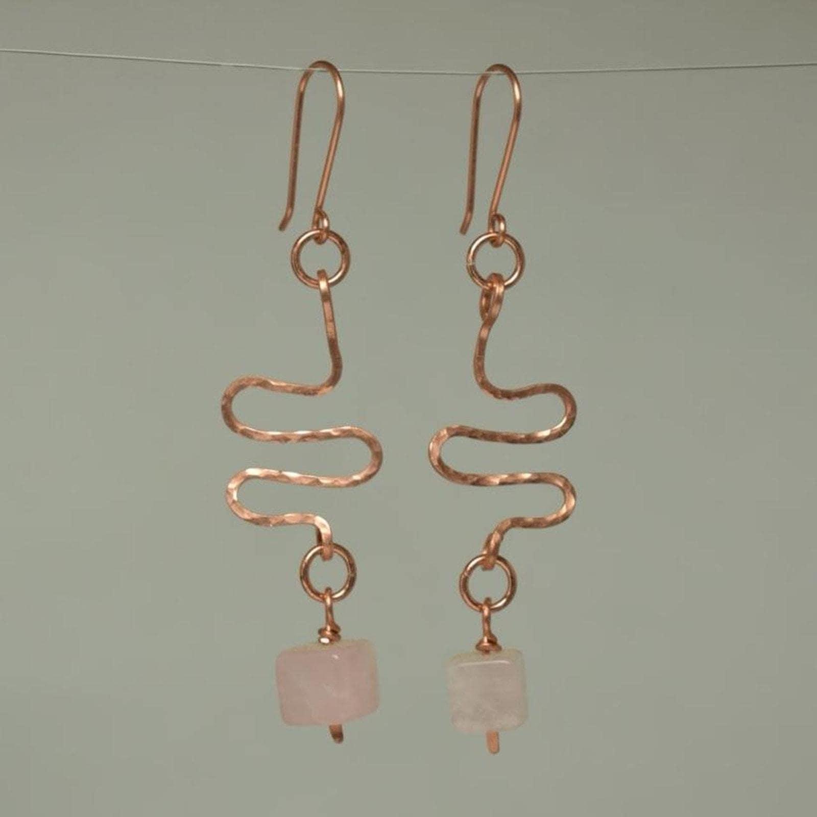 Rose Quartz & Hammered Copper Wavy Eclectic Statement Earrings