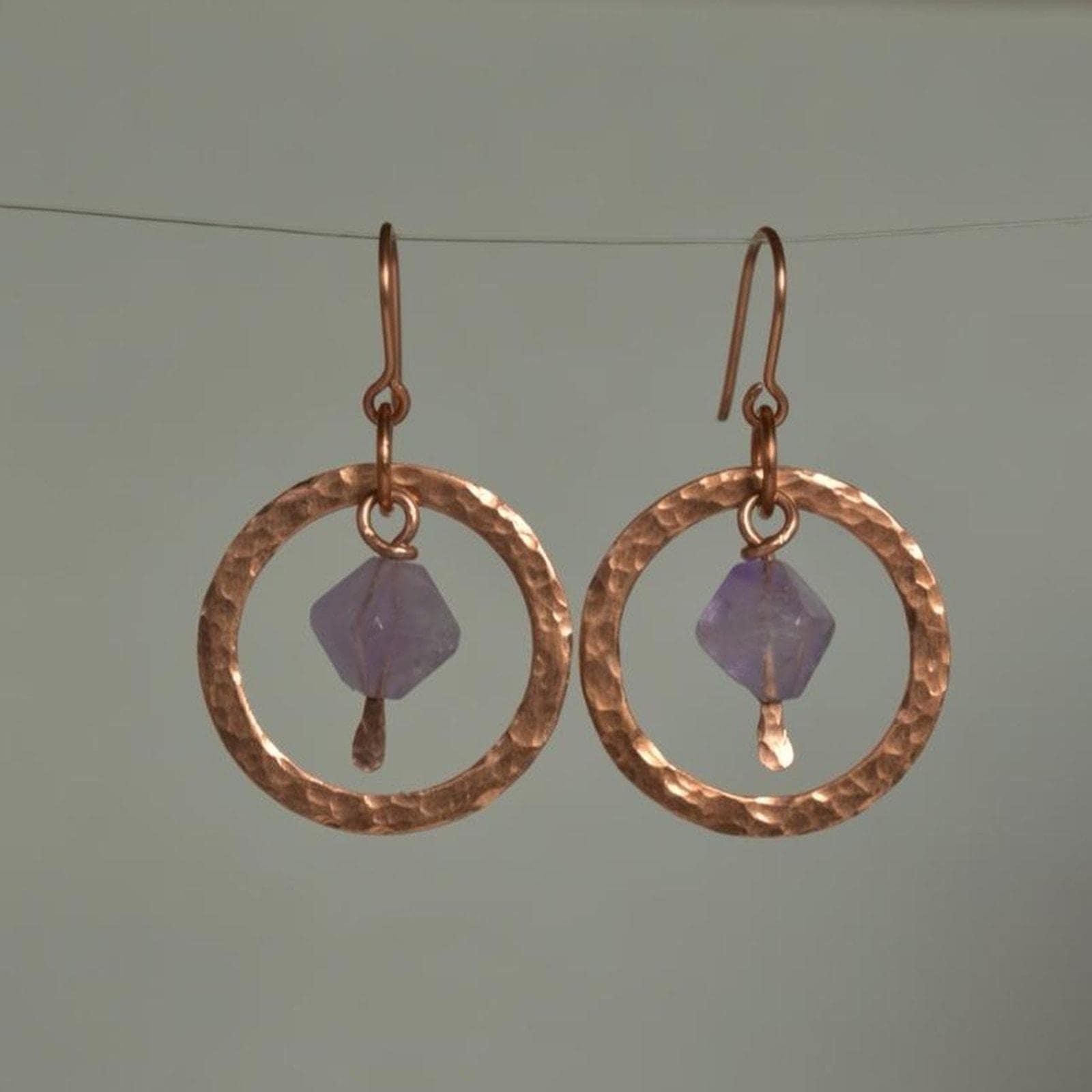 Amethyst & Hammered Copper Dangle Hoop Earrings