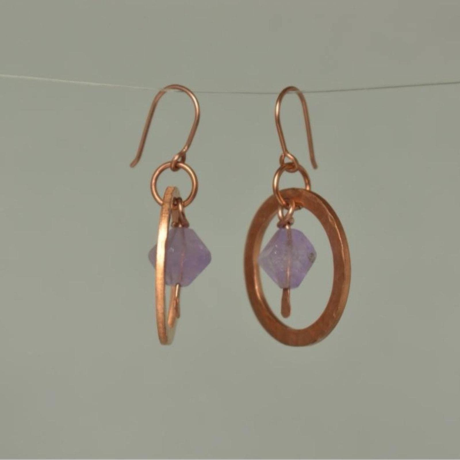 Amethyst & Hammered Copper Dangle Hoop Earrings