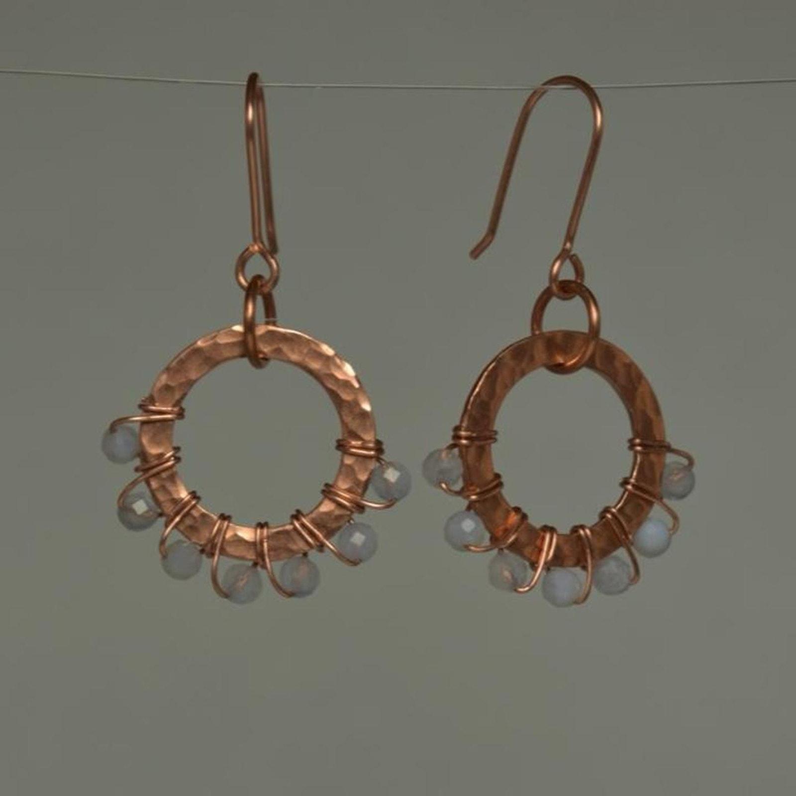 Blue Lace Agate & Hammered Copper Beaded Halo Earrings