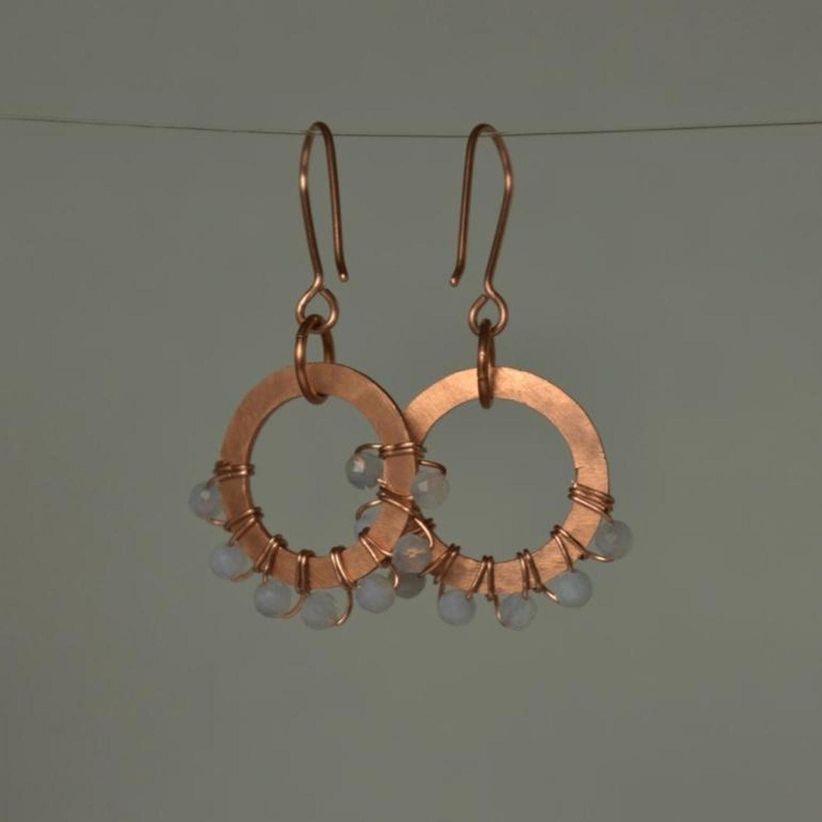 Blue Lace Agate & Hammered Copper Beaded Halo Earrings