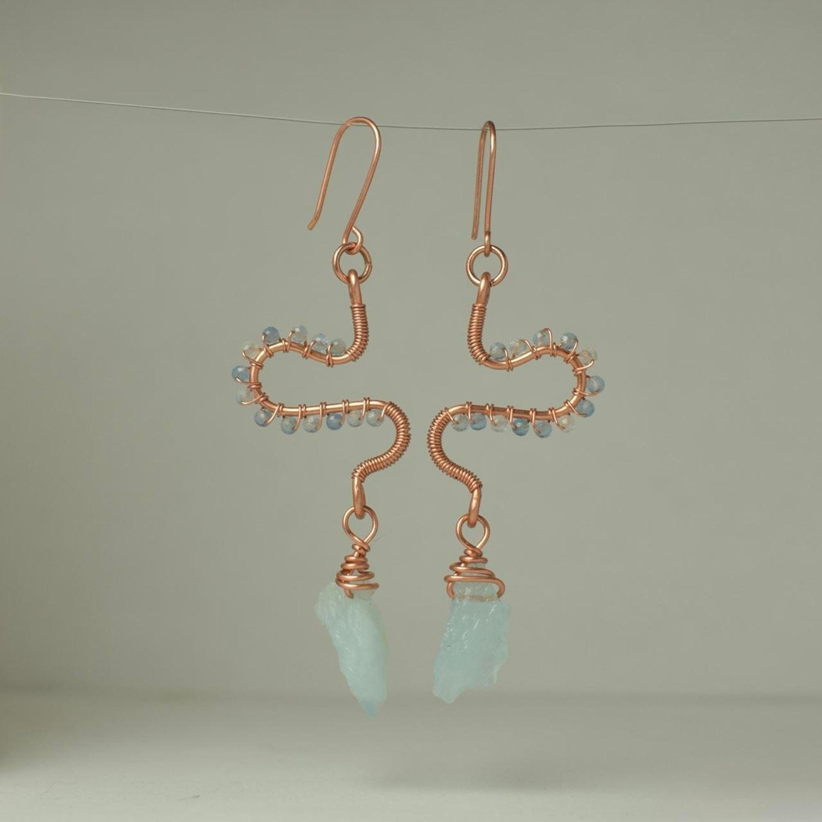 Aquamarine & Copper | Eclectic Freeform Dangle Earrings