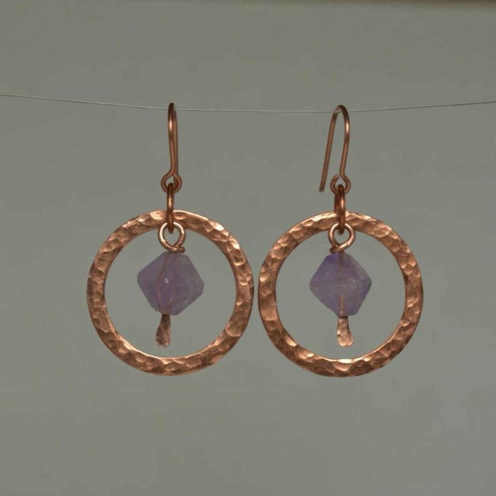 Amethyst & Hammered Copper Dangle Hoop Earrings