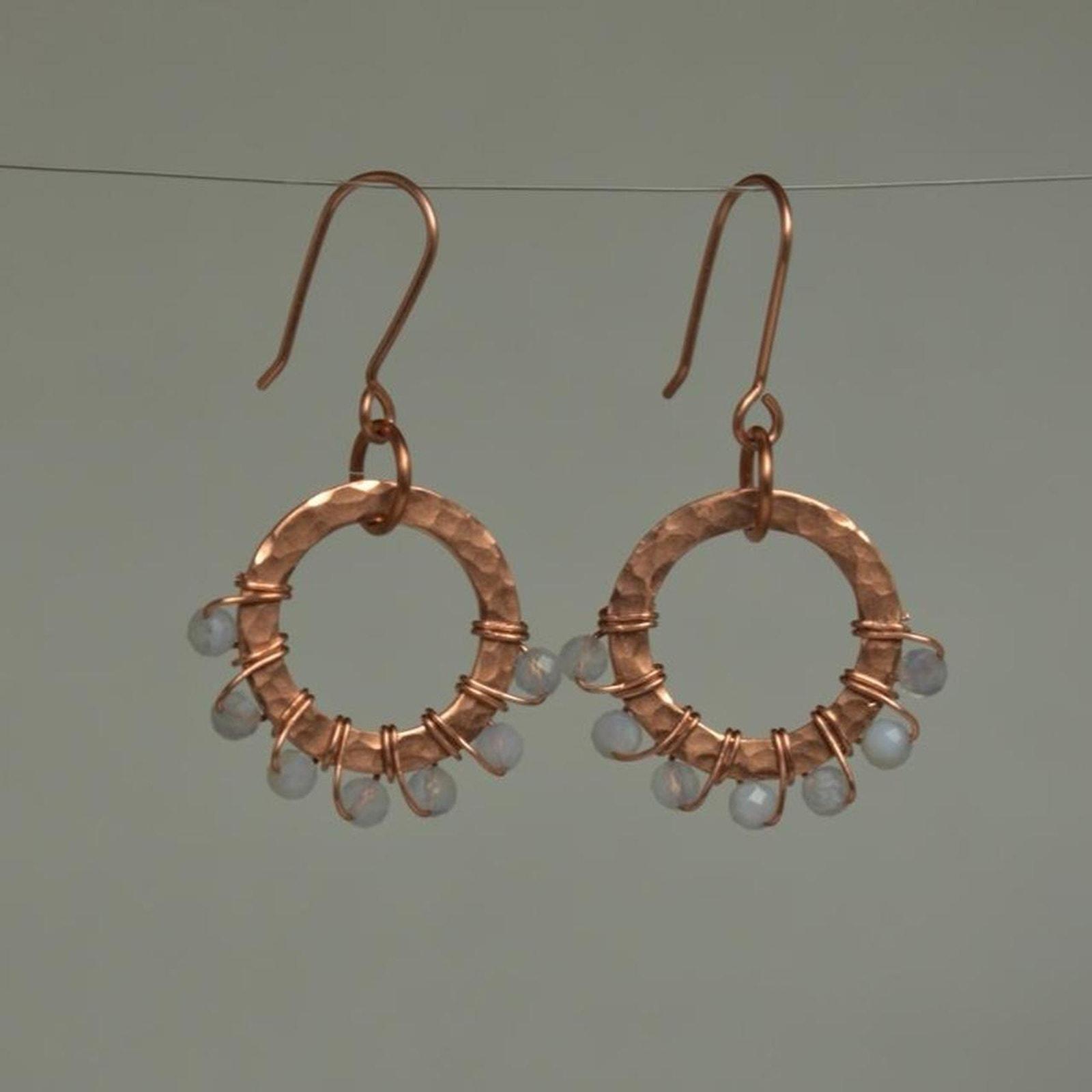 Blue Lace Agate & Hammered Copper Beaded Halo Earrings