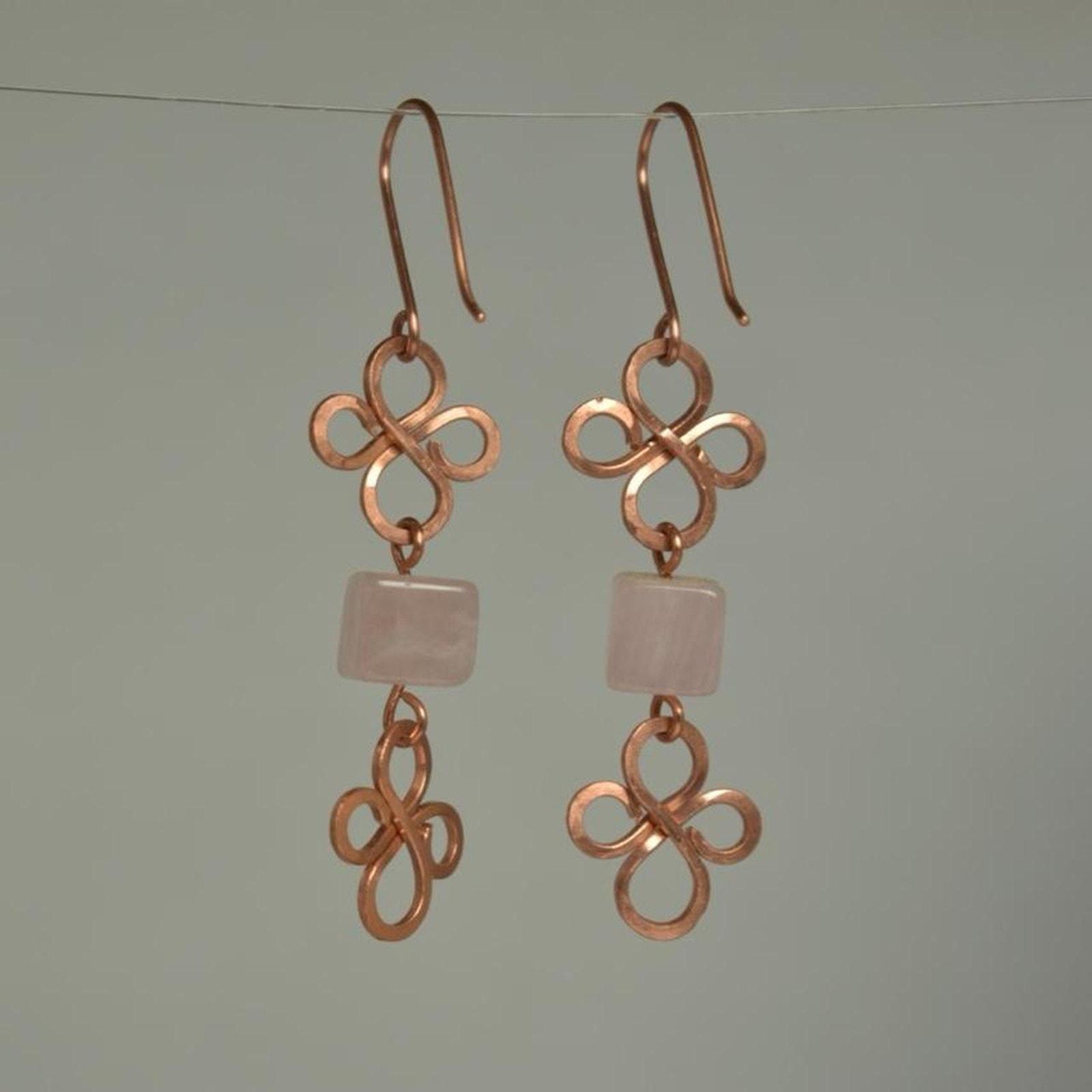 Rose Quartz & Hammered Copper Fleur Dangle Earrings