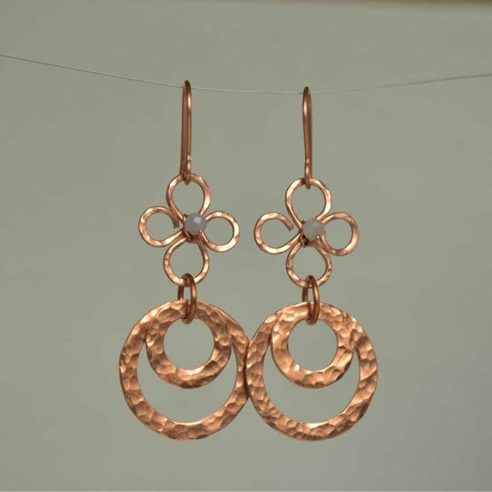 Blue Lace Agate & Hammered Copper Fleur Links Dangle Earrings