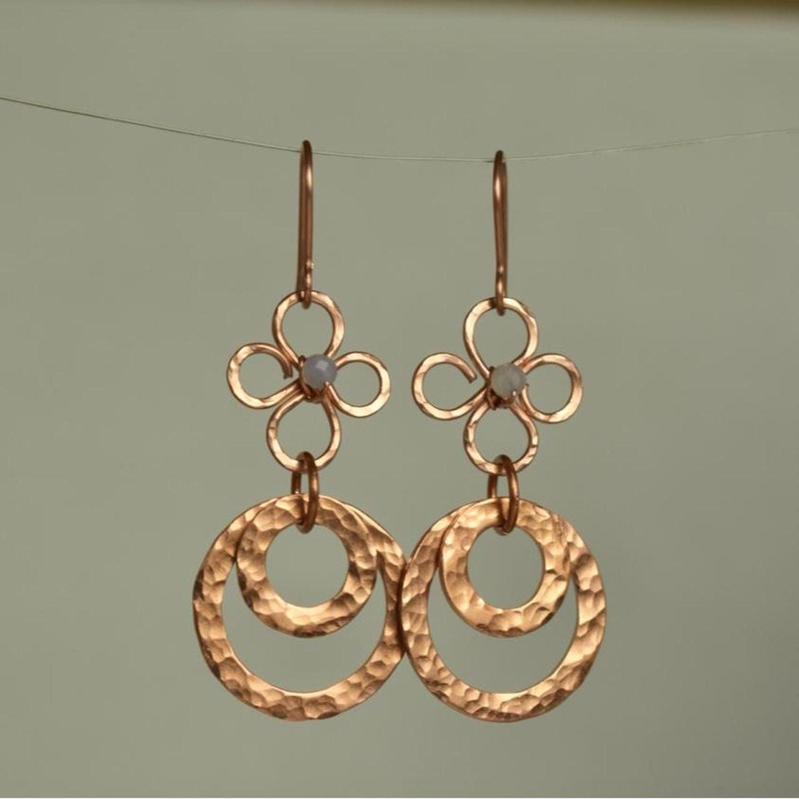 Blue Lace Agate & Hammered Copper Fleur Links Dangle Earrings