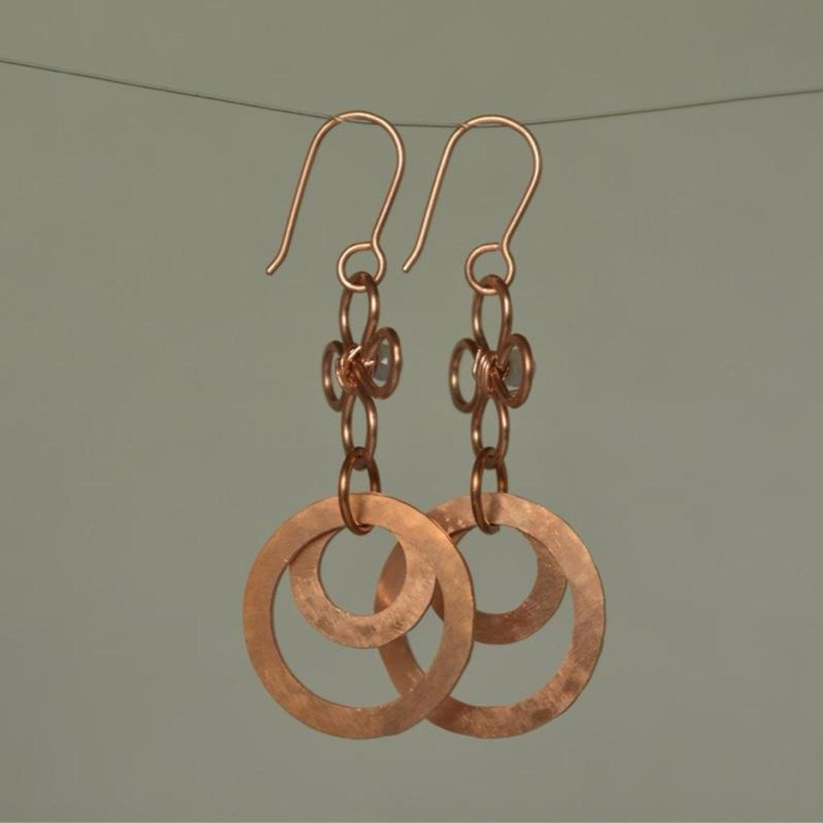 Blue Lace Agate & Hammered Copper Fleur Links Dangle Earrings