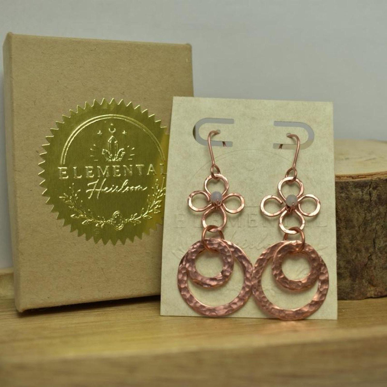 Blue Lace Agate & Hammered Copper Fleur Links Dangle Earrings