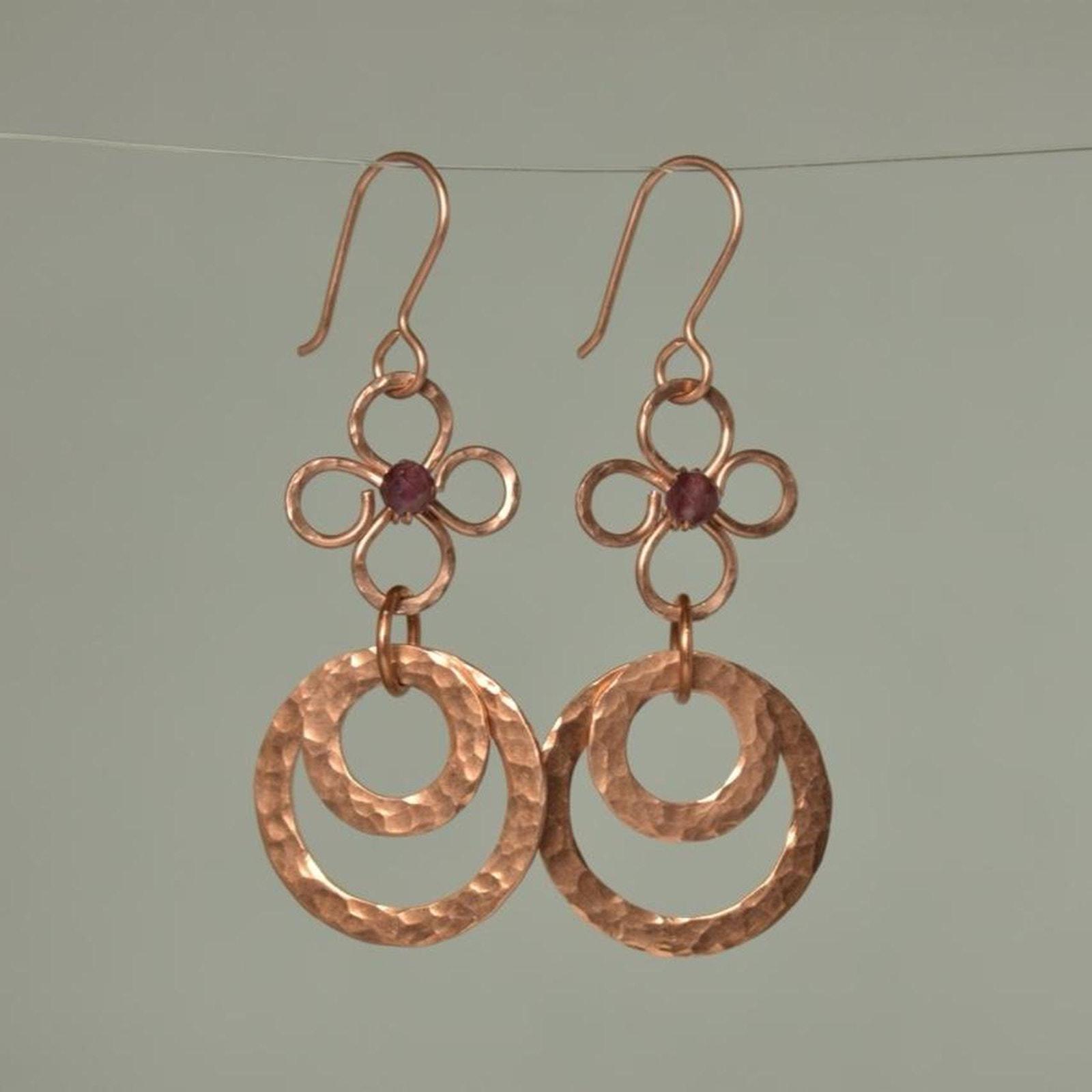 Garnet & Hammered Copper Fleur Links Dangle Earrings