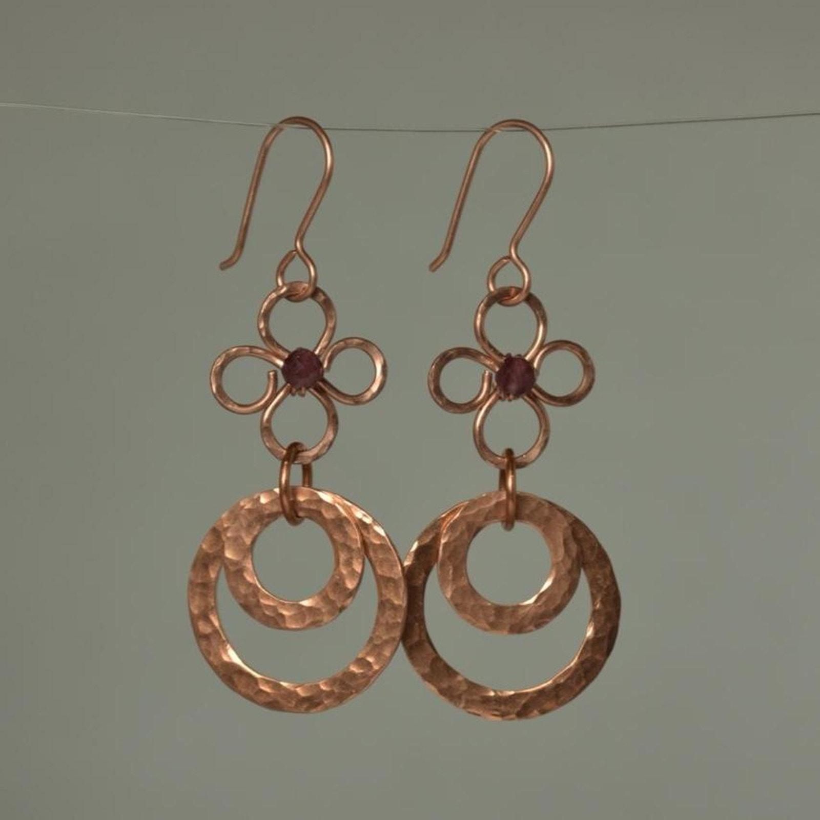 Garnet & Hammered Copper Fleur Links Dangle Earrings