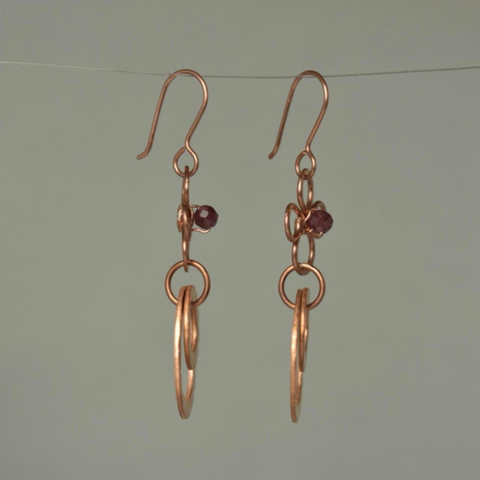 Garnet & Hammered Copper Fleur Links Dangle Earrings