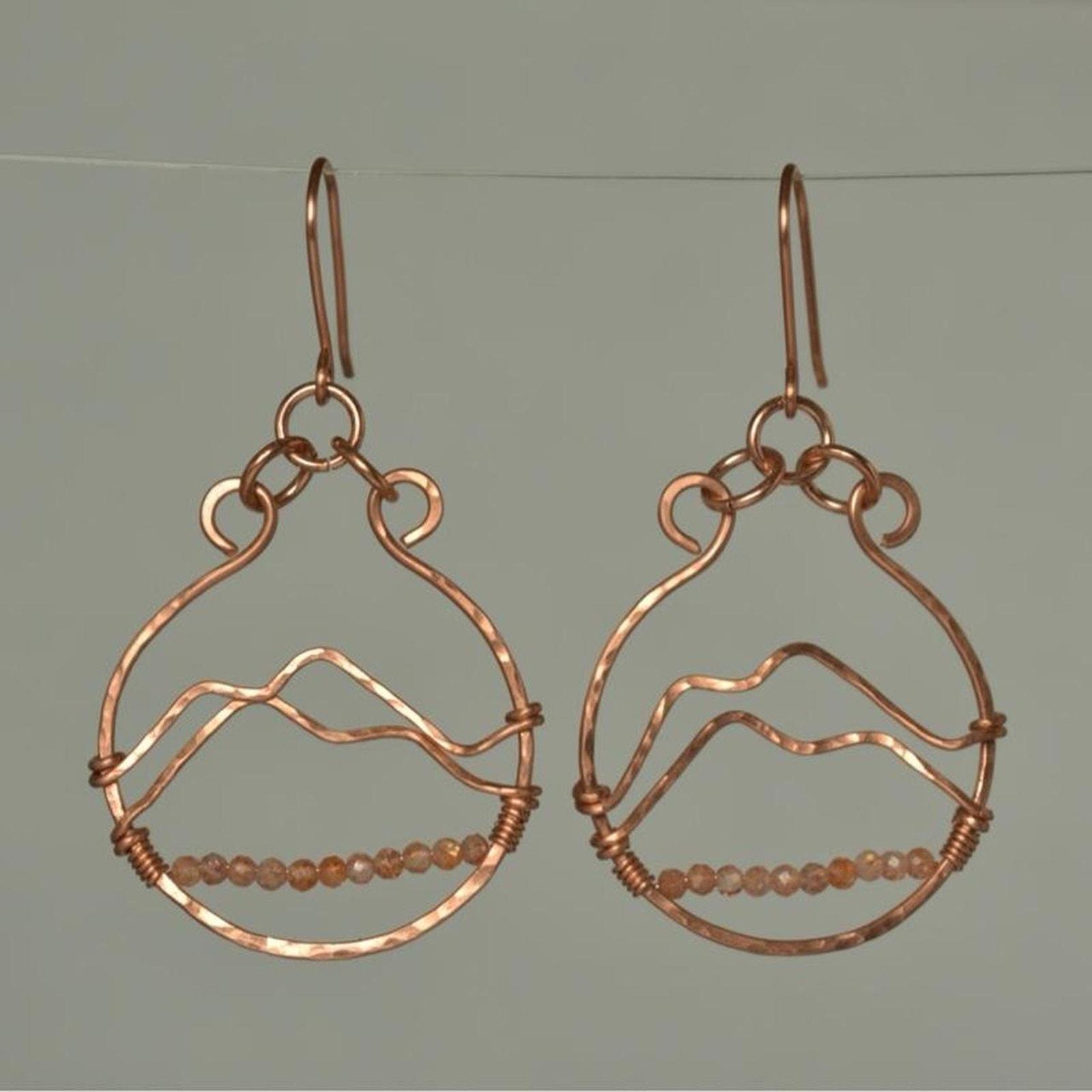 Sunstone & Hammered Copper Mountainscape Dangle Hoop Earrings